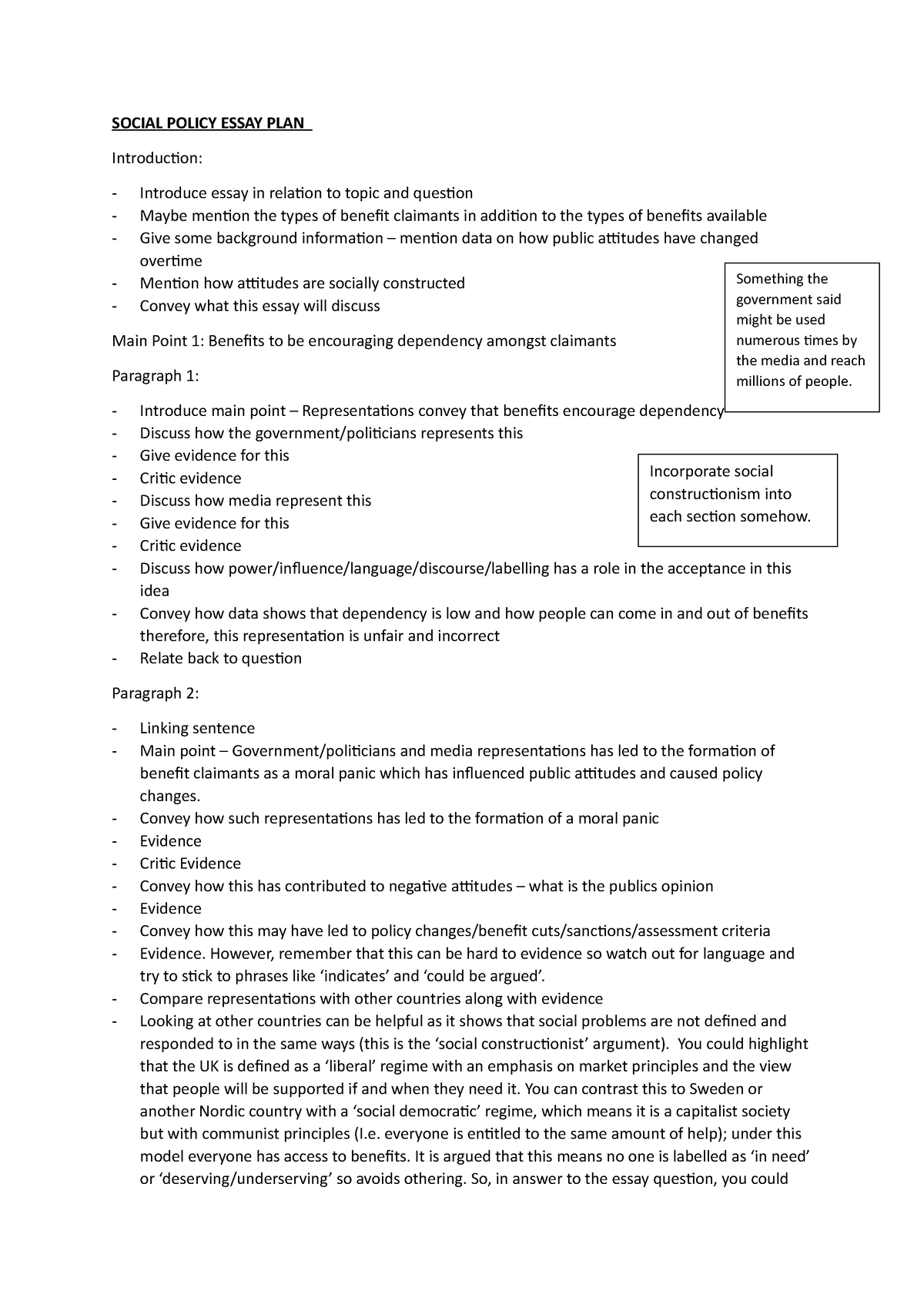 social policy essay plan