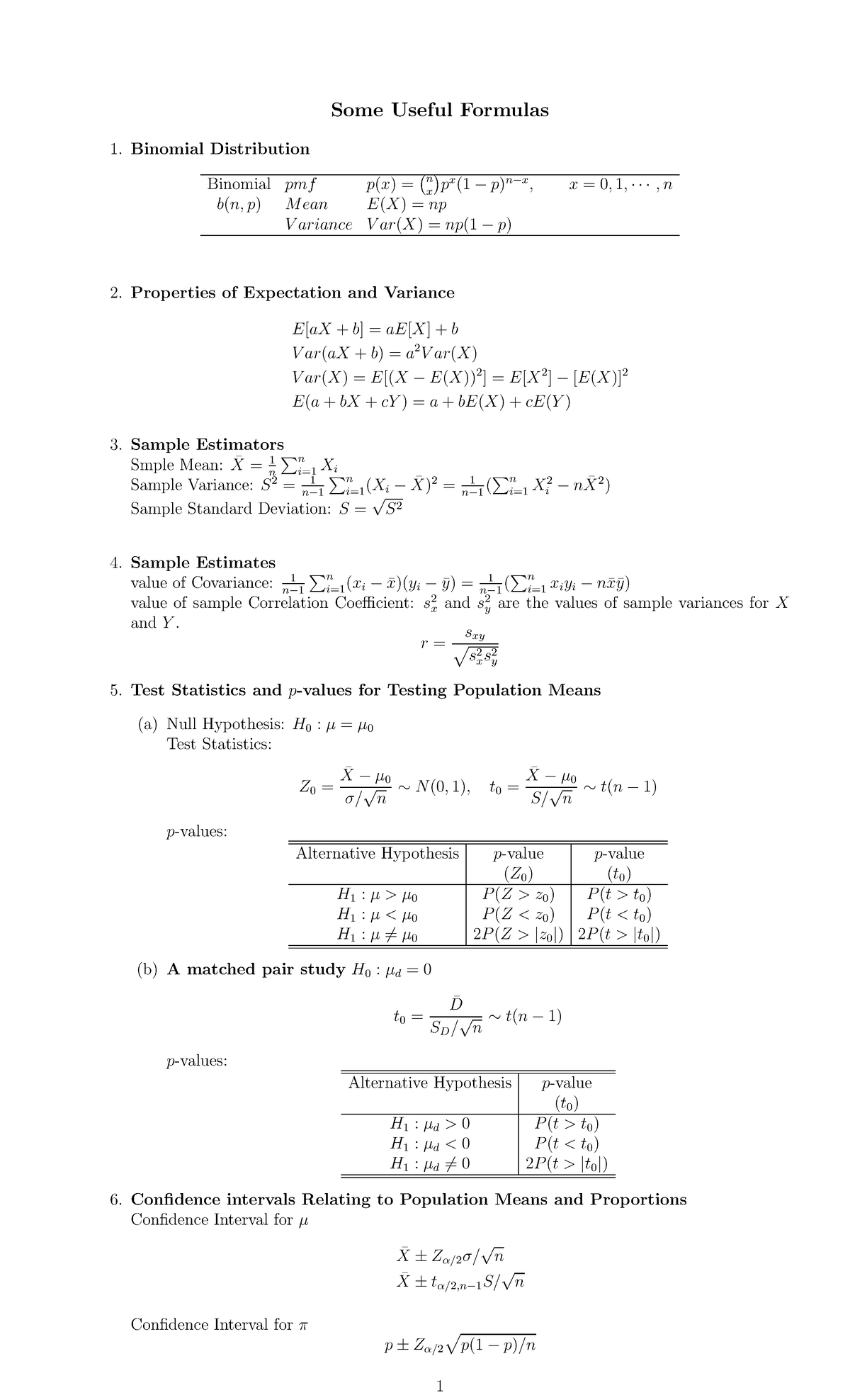 Formula Sheet Helpful - Some Useful Formulas Binomial Distribution ...