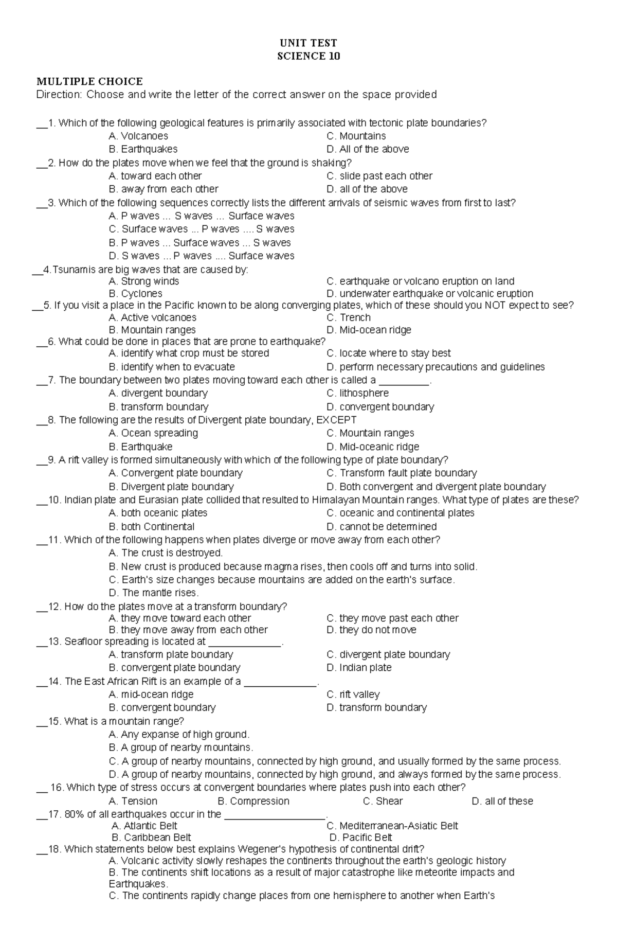 UNIT TEST IN Science 10 1ST Quarter - UNIT TEST SCIENCE 10 MULTIPLE ...