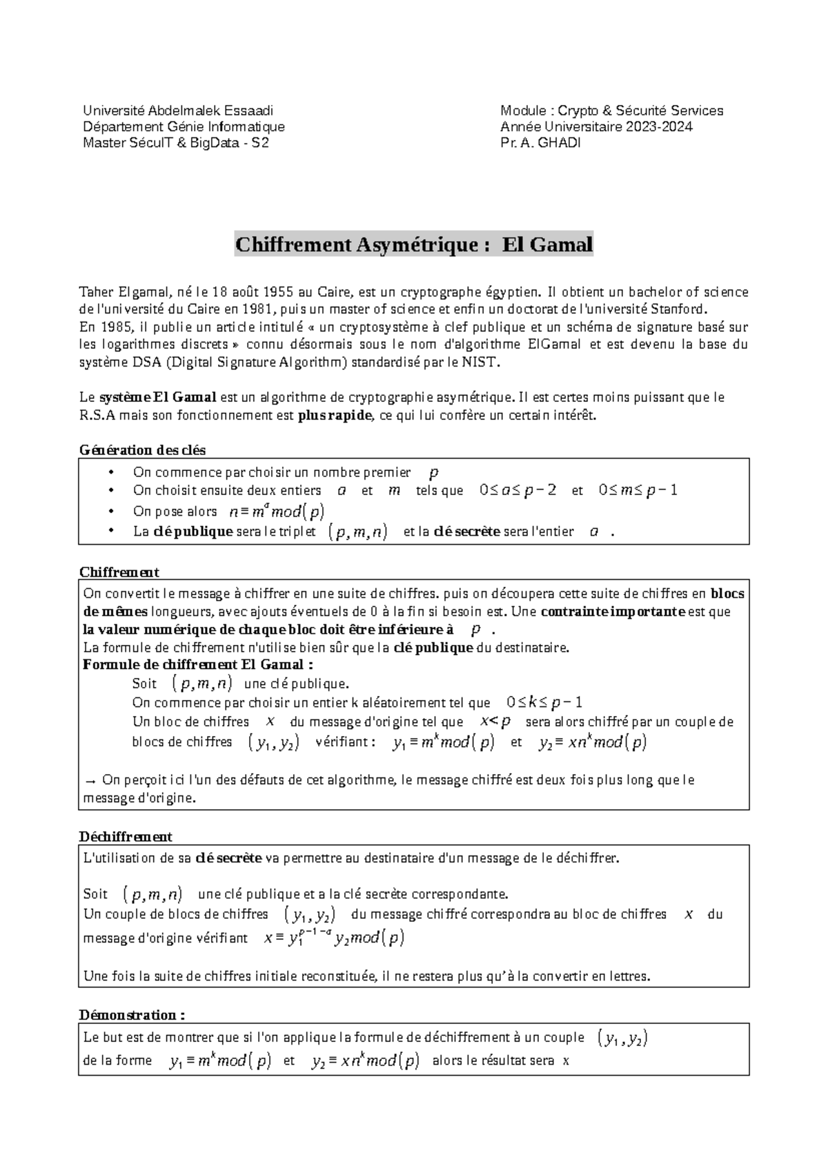Chiffrement-El Gamal - cryptographie rsa - Université Abdelmalek ...