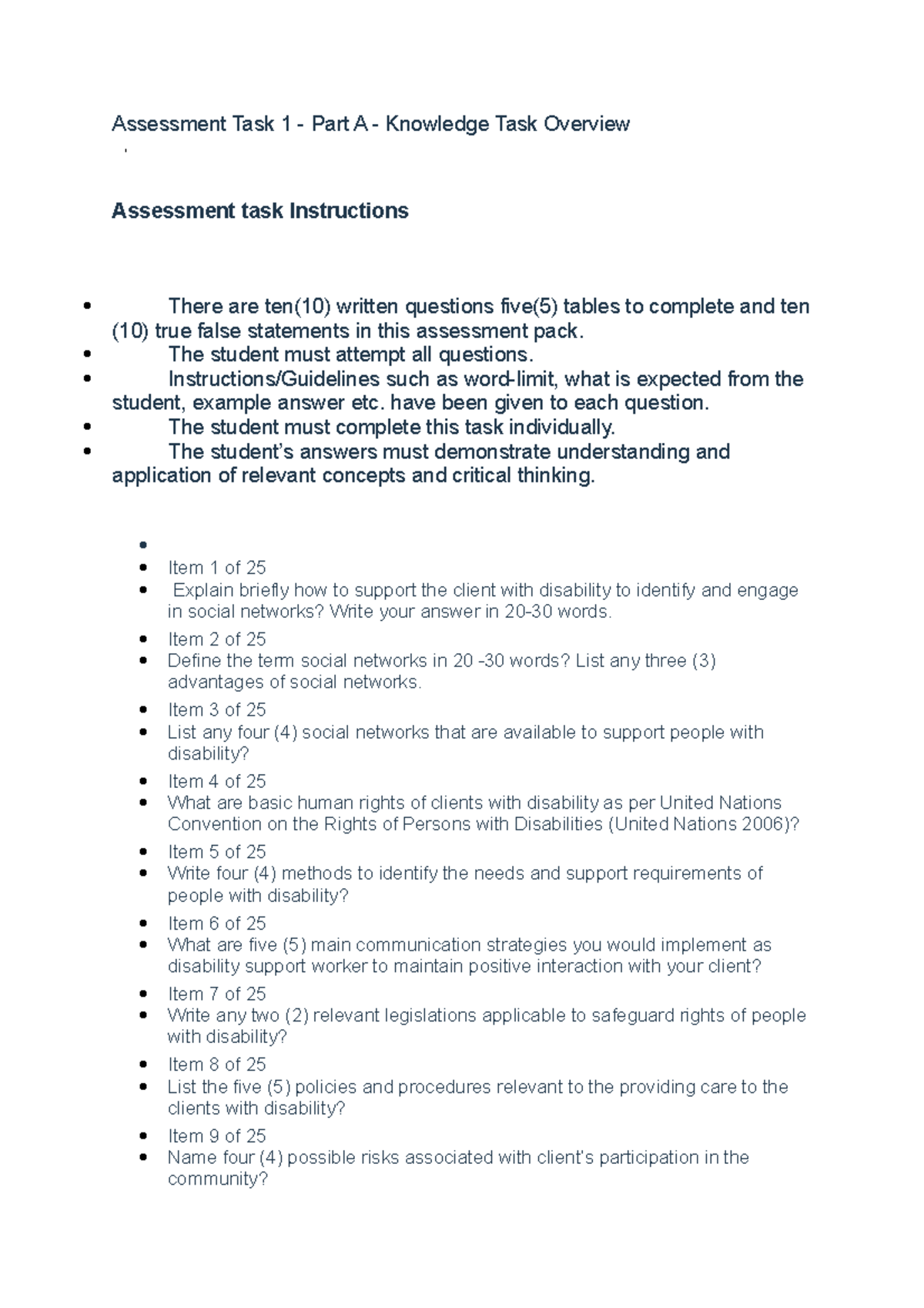 Assessment Task Unit 3 - Assessment Task 1 - Part A - Knowledge Task 