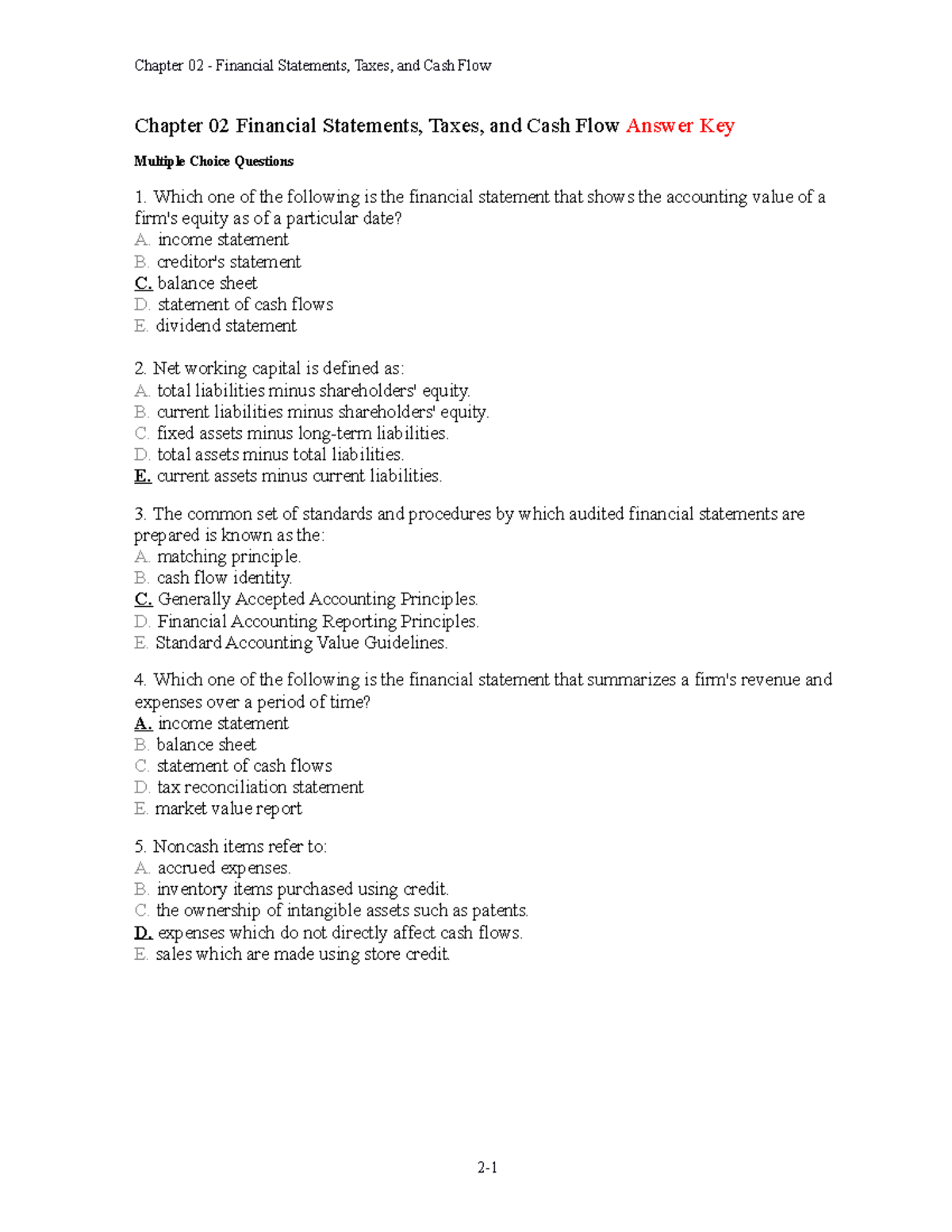 Chapter 2 Financial Statement Taxes Cash Flow Chapter 02 Financial Statements Taxes And Cash