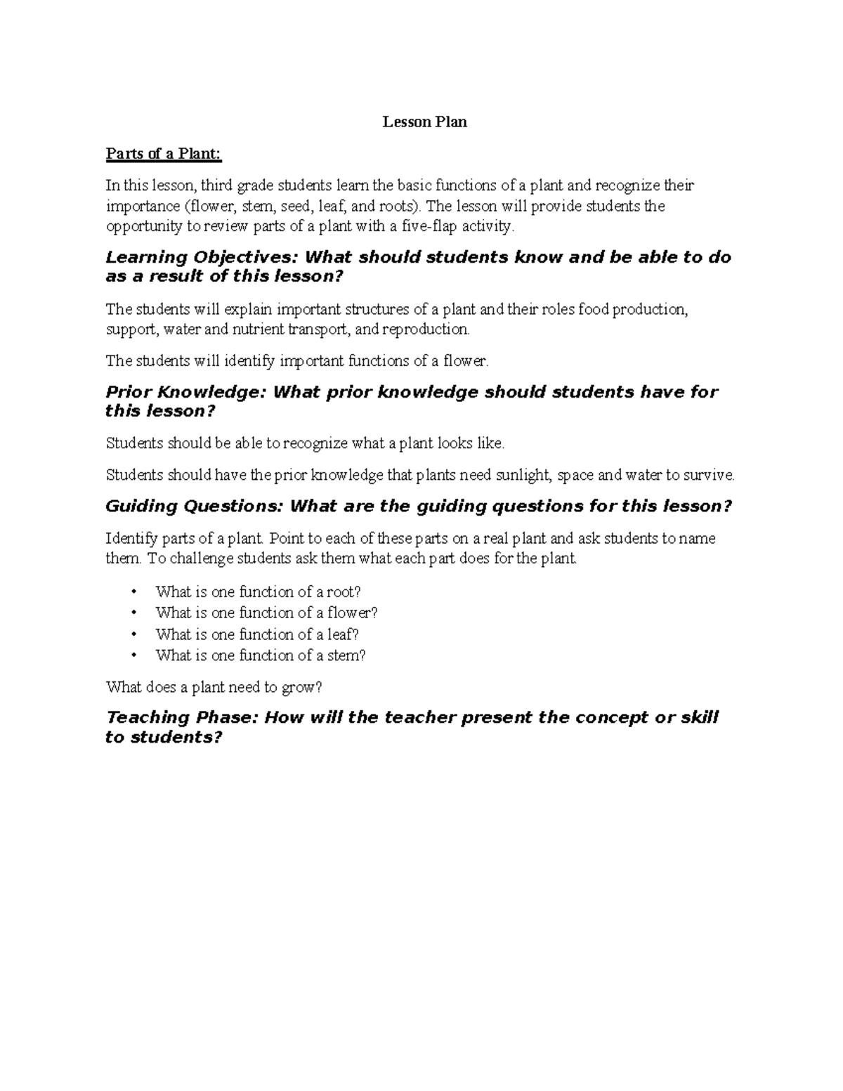 Lesson Plan-Parts of a Plant - Lesson Plan Parts of a Plant: In this ...