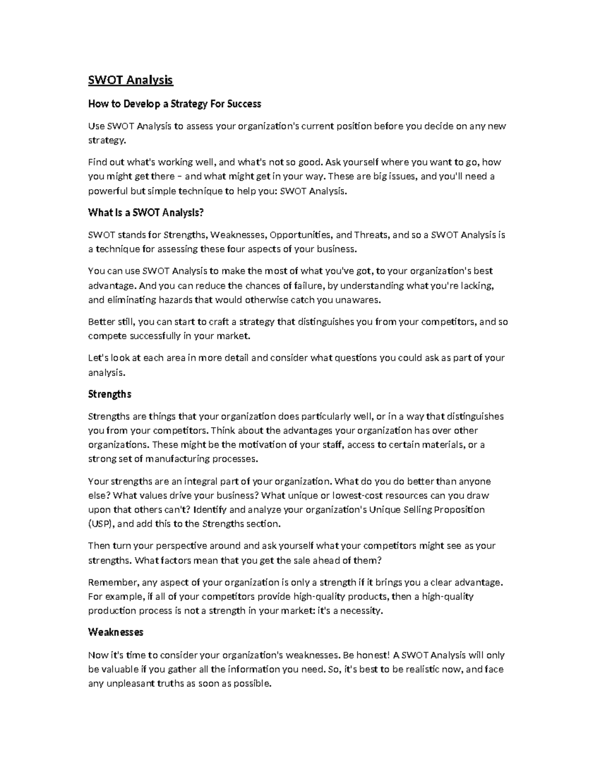 SWOT Analysis Notes - SWOT Analysis How to Develop a Strategy For ...