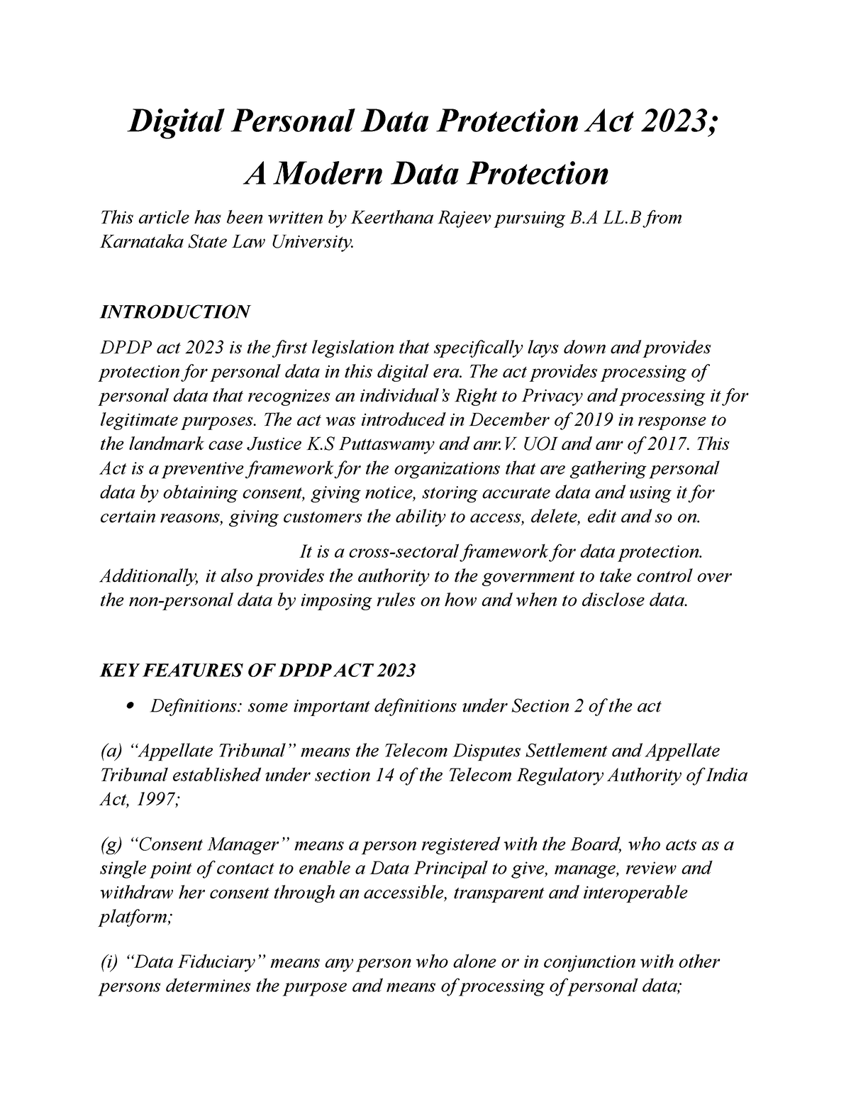 Digital Personal Data Protection Act 2023 Introduction Dpdp Act 2023 Is The First Legislation 0622