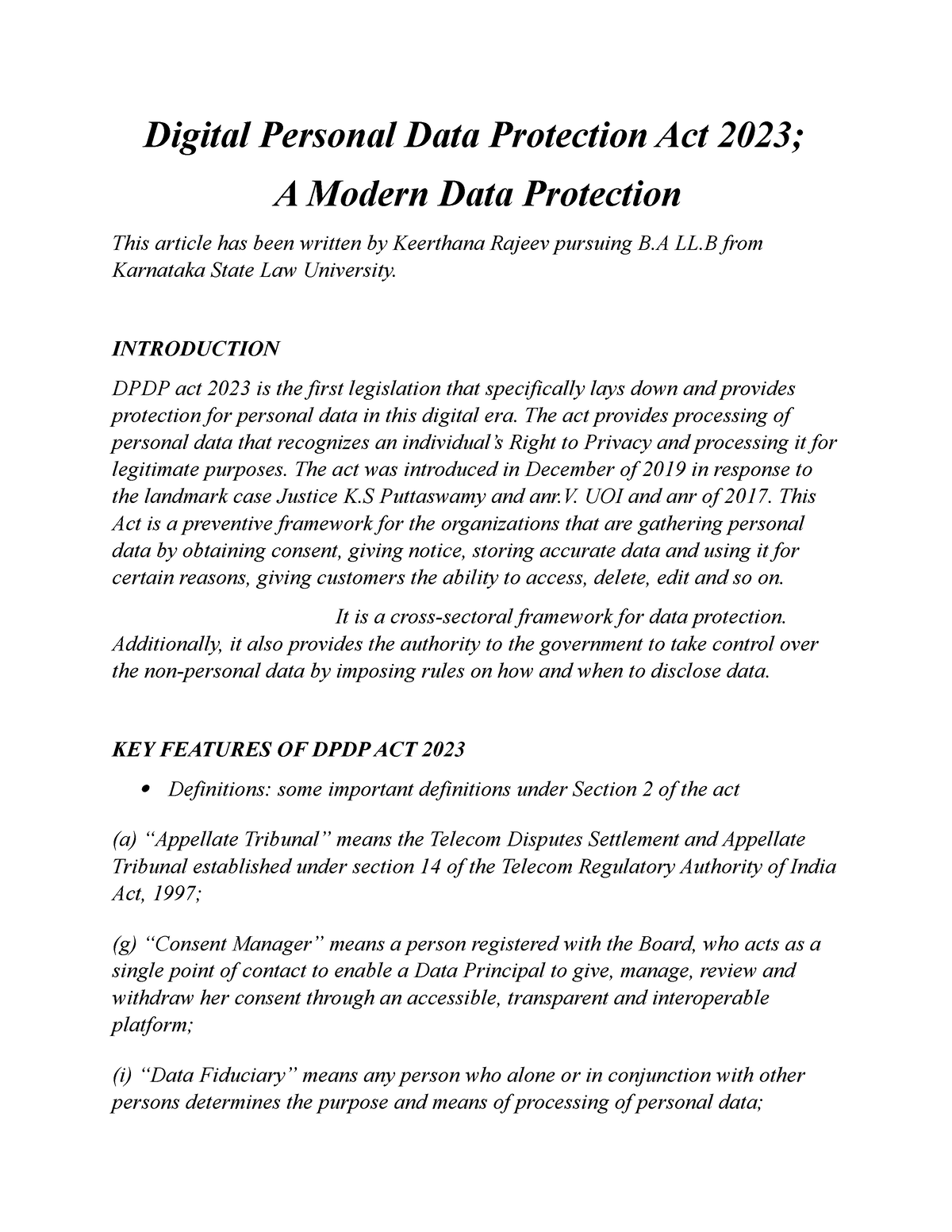 Digital Personal Data Protection Act 2023 INTRODUCTION DPDP act 2023