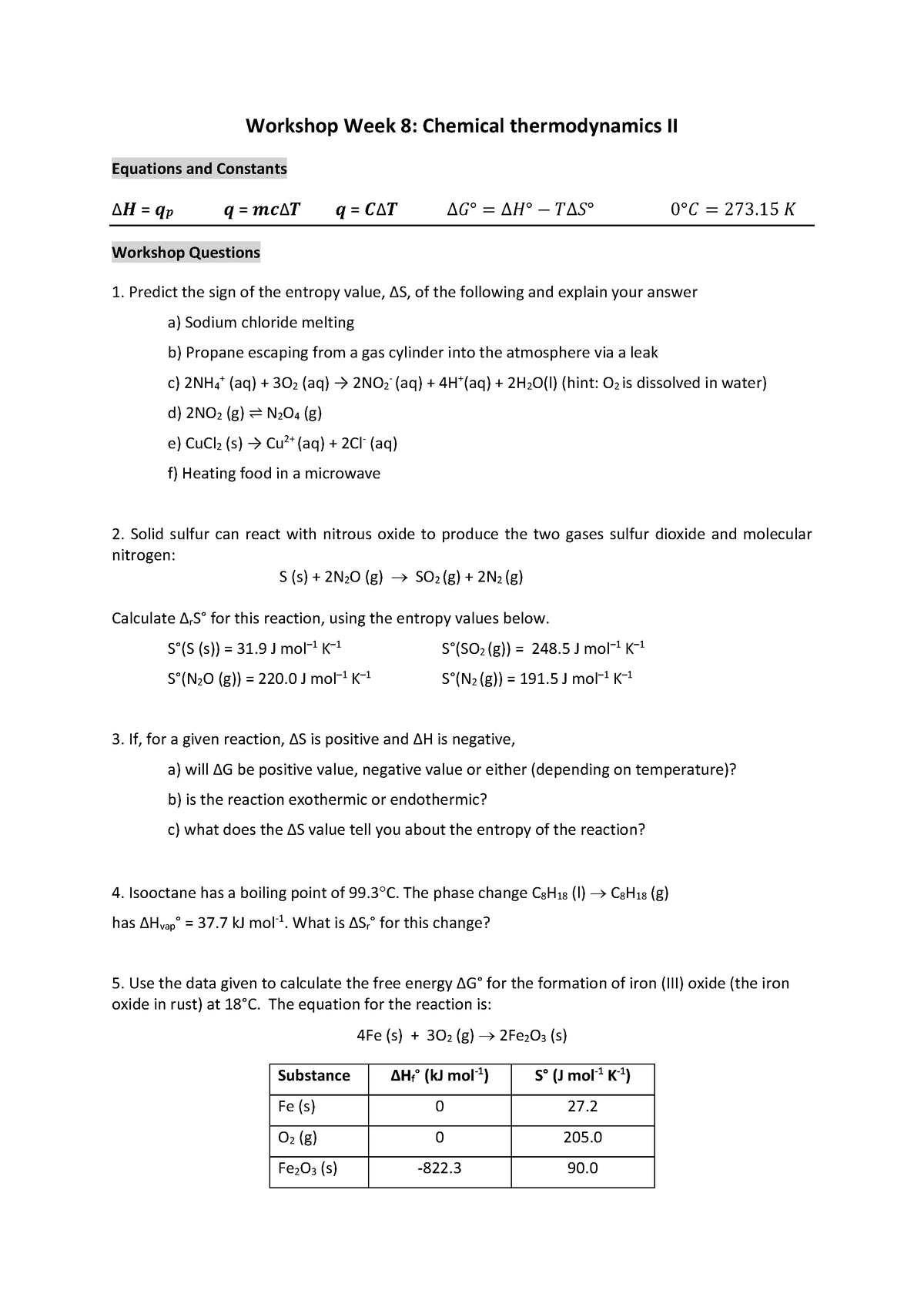 W8 worksheet - Workshop Week 8: Chemical thermodynamics II Equations ...