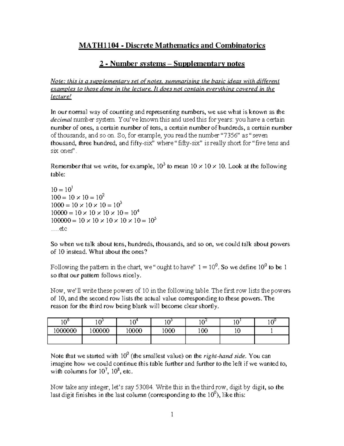 Number Systems Lecture 1 Coding MATH1104 Discrete Mathematics And 