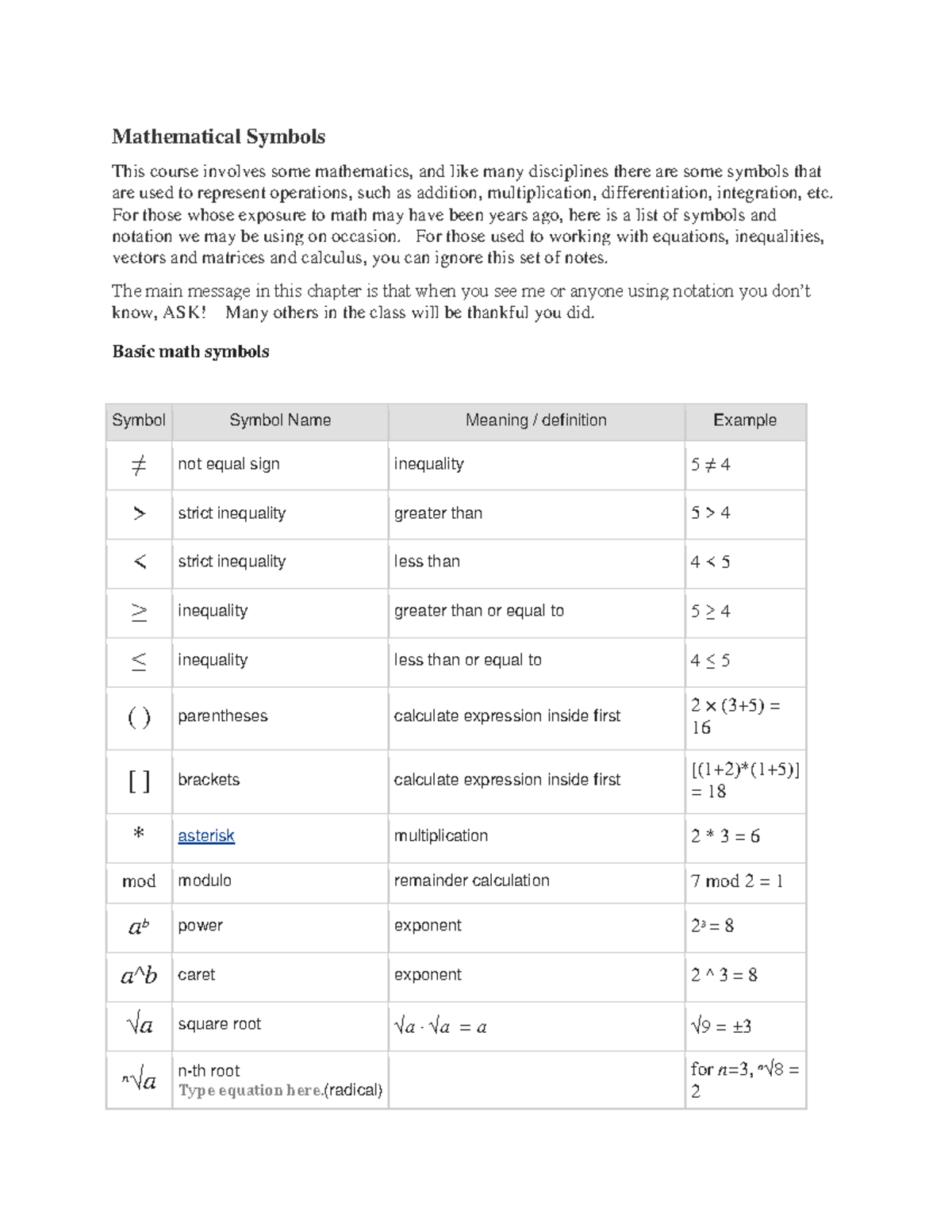 Ch 1- Mathematical Symbols - Mathematical Symbols This course involves ...