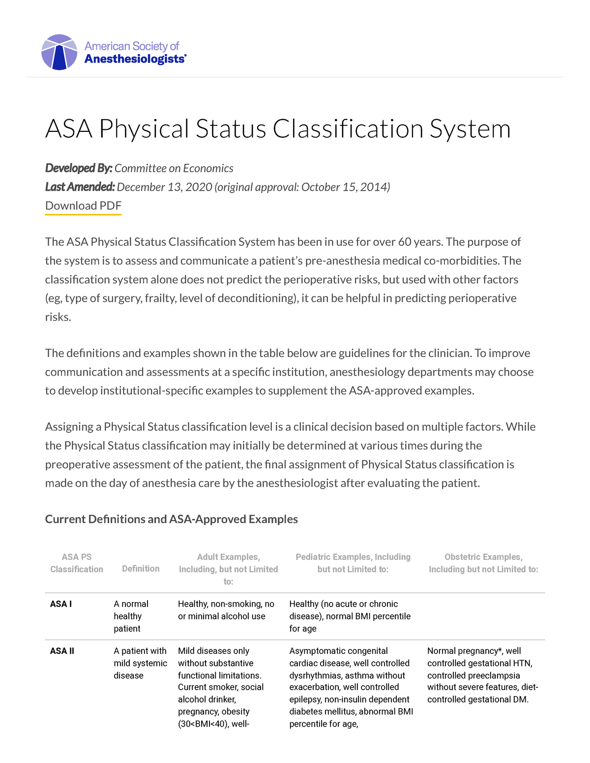 ASA Physical Status Classification System American Society Of - ASA ...