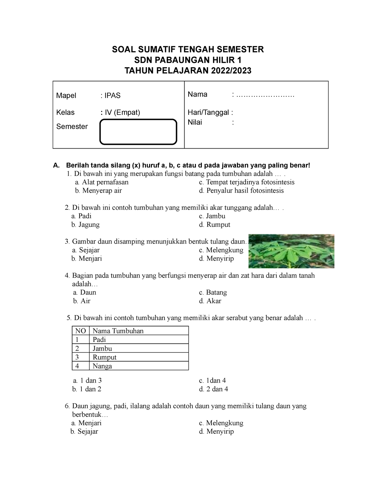 Soal STS 1 IPAS Kelas 4 (Websiteedukasi - SOAL SUMATIF TENGAH SEMESTER ...