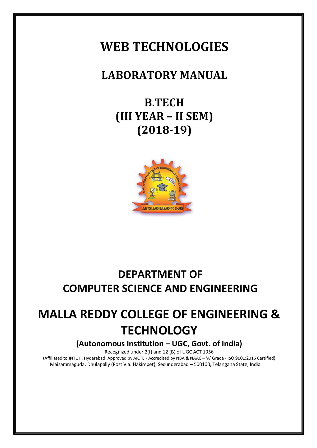 WT LAB Manual WT Lab Maual WEB TECHNOLOGIES LABORATORY MANUAL