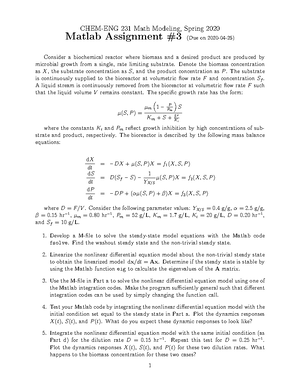 Matlab practice problem 2 - CHEM-ENG 231 Math Modeling, Spring 2020 ...