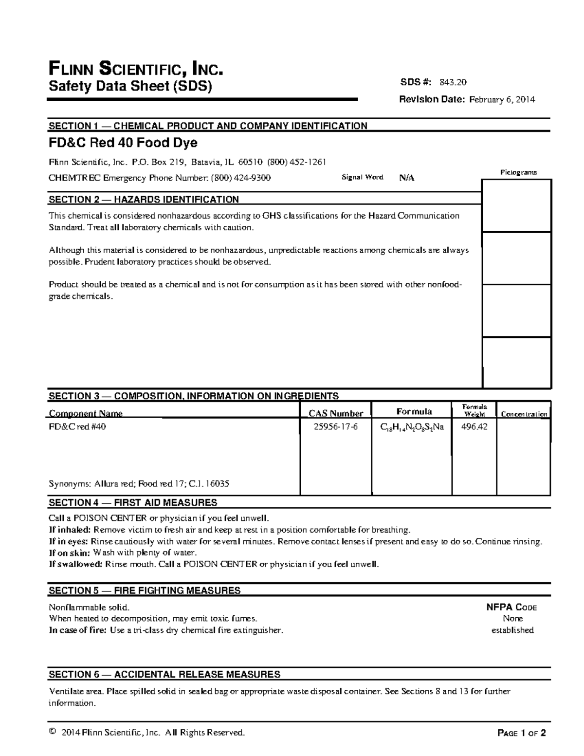 FD&C Red 40 Food Dye 843. Safety Data Sheet (SDS) SECTION 1
