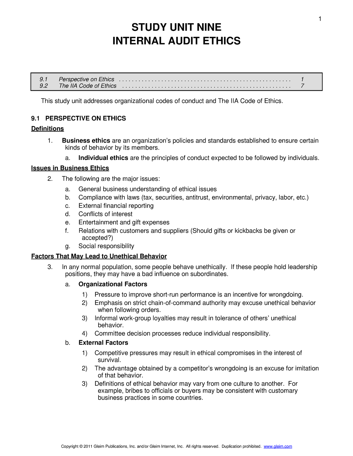 P1 Unit 9 - Internal Audit Ethics - STUDY UNIT NINE INTERNAL AUDIT ...