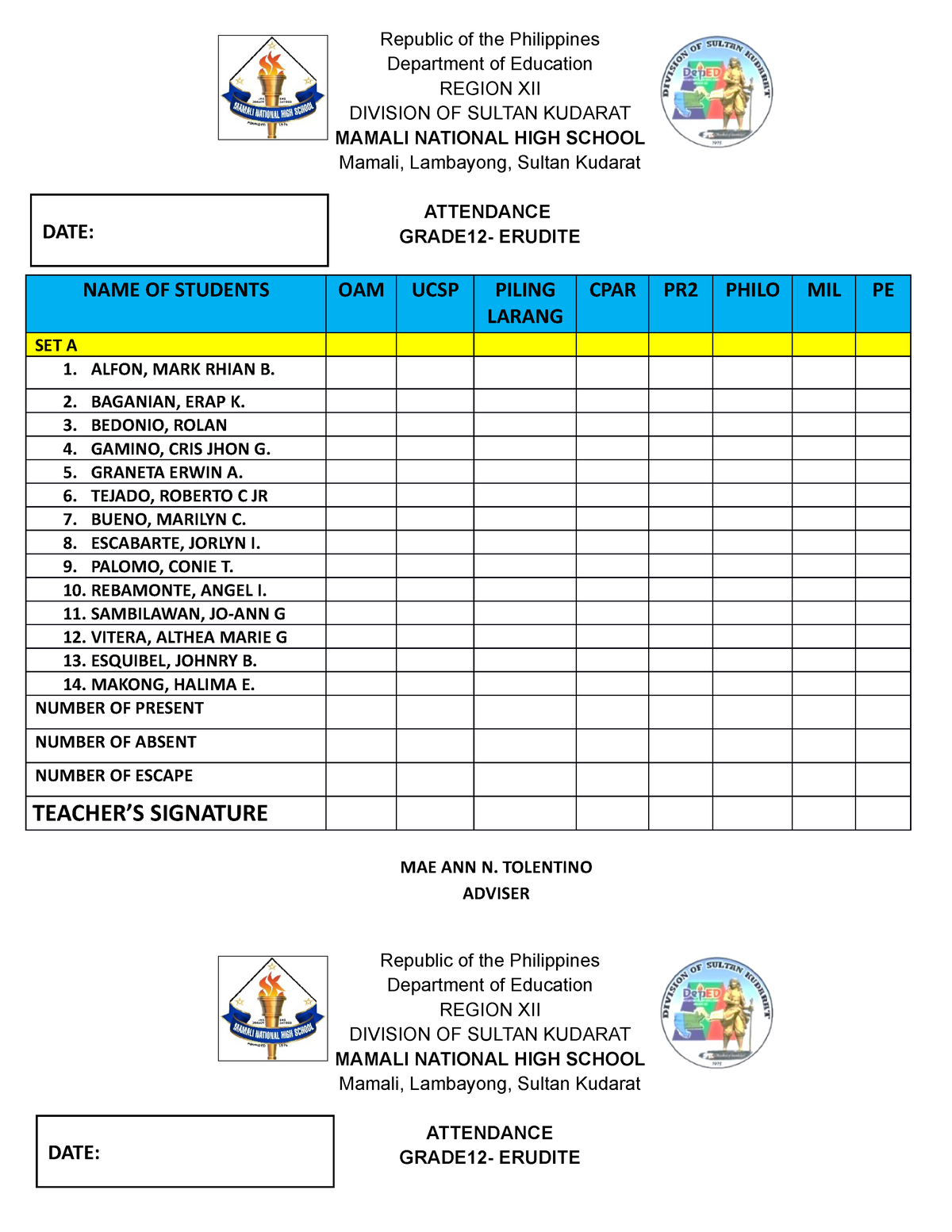 Attendance Sheet - Republic of the Philippines Department of Education ...