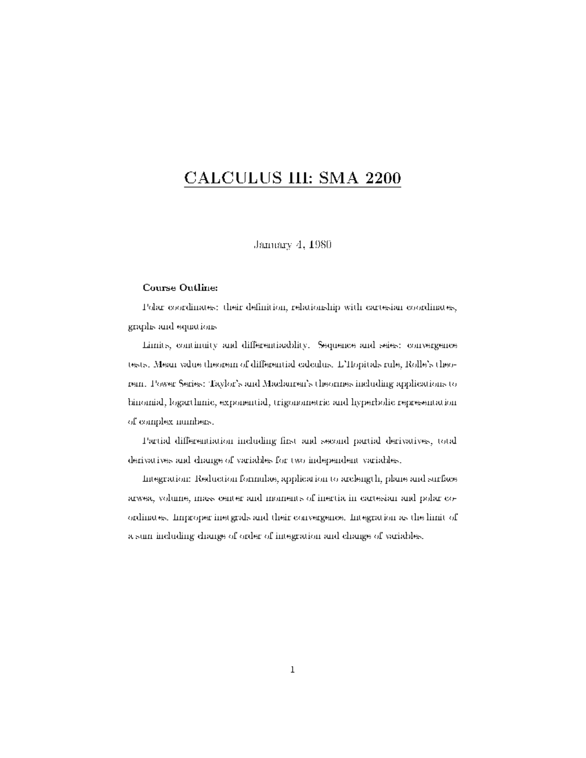 Calc 3 - assignment - CALCULUS III: SMA 2200 January 4, 1980 Course ...