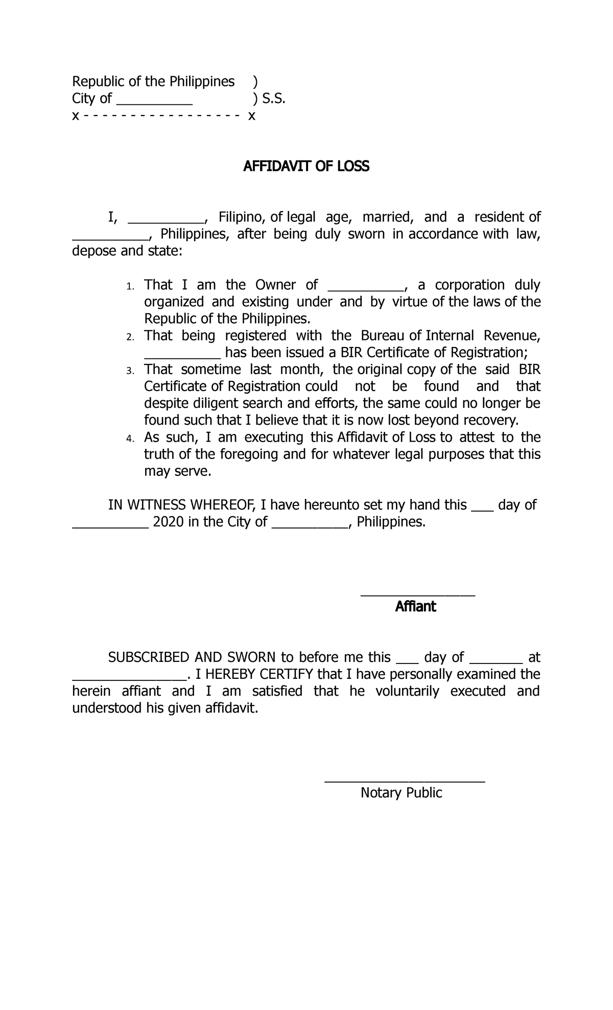 affidavit-of-loss-bir-cor-for-scribd-republic-of-the-philippines