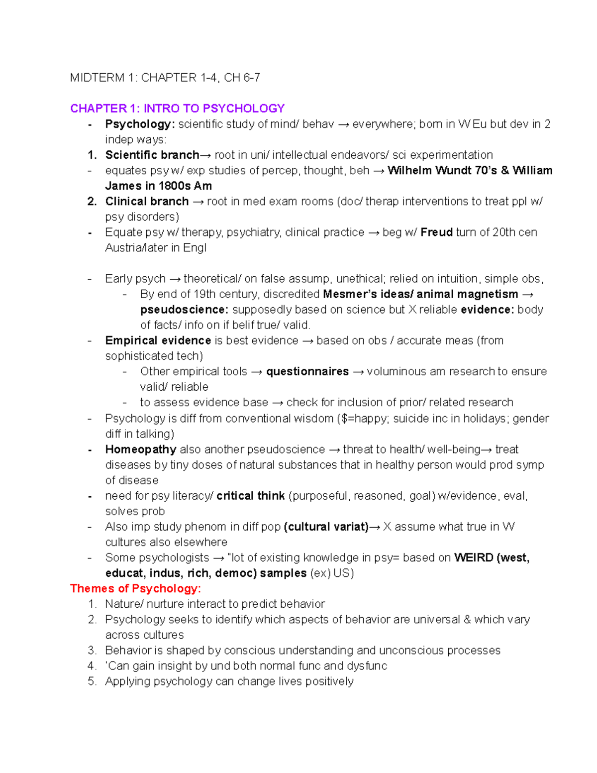 PSY 101 Midterm 1 - MIDTERM 1: CHAPTER 1-4, CH 6- CHAPTER 1: INTRO TO ...