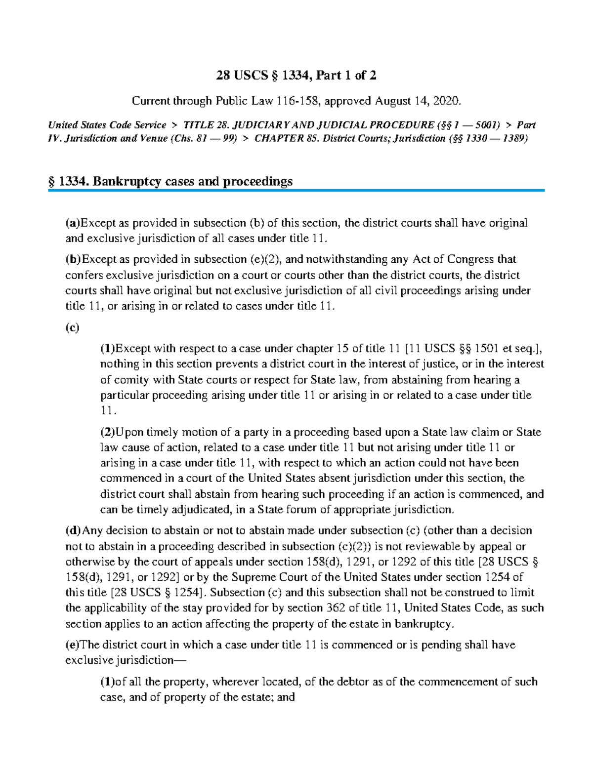 28 USCS 1334 Part 1 of 2 - Civil Procedure I - 28 USCS § 1334, Part 1 ...