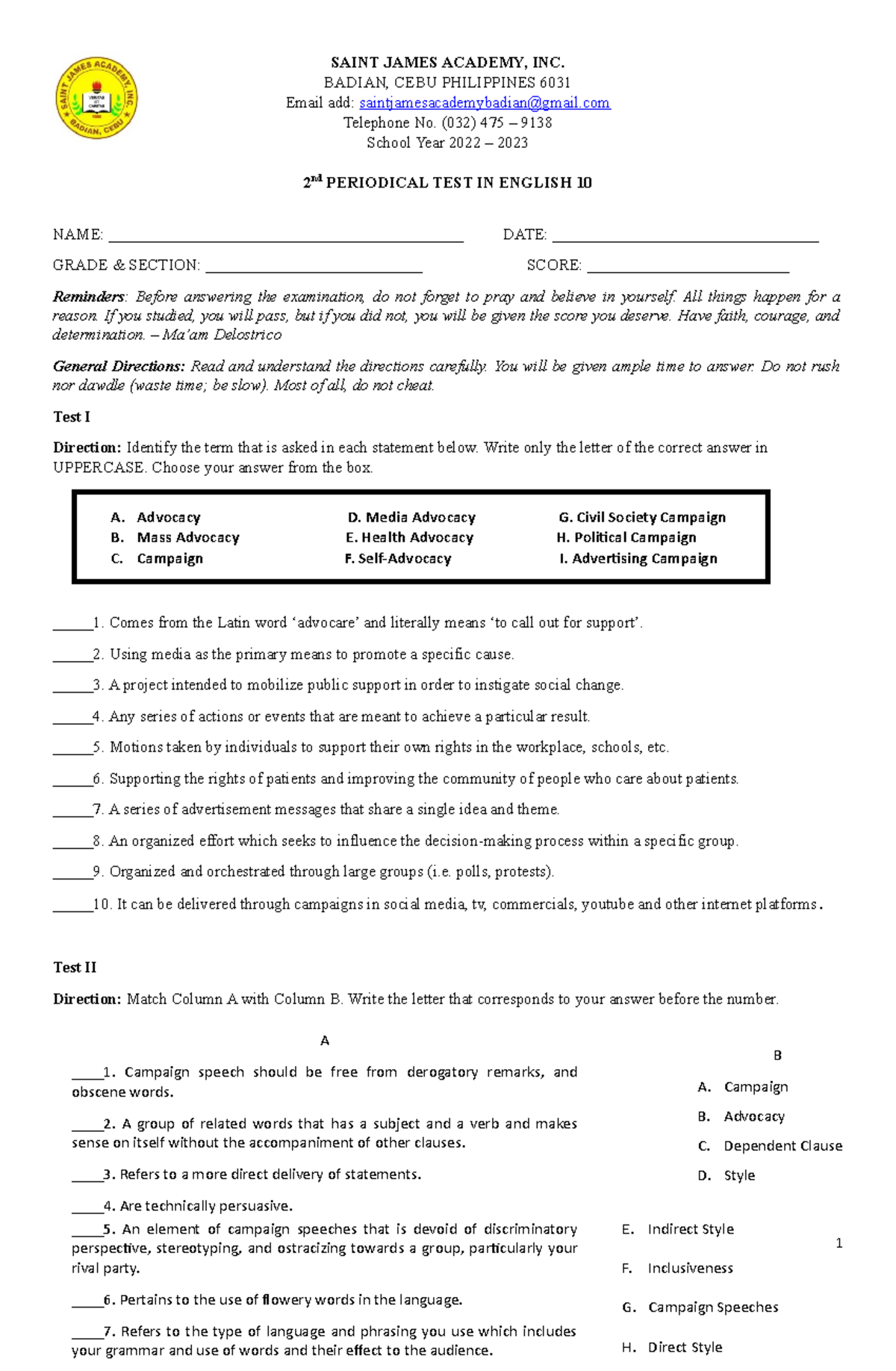 English 10 It is from Saint James Academy SAINT JAMES ACADEMY, INC. BADIAN, CEBU PHILIPPINES