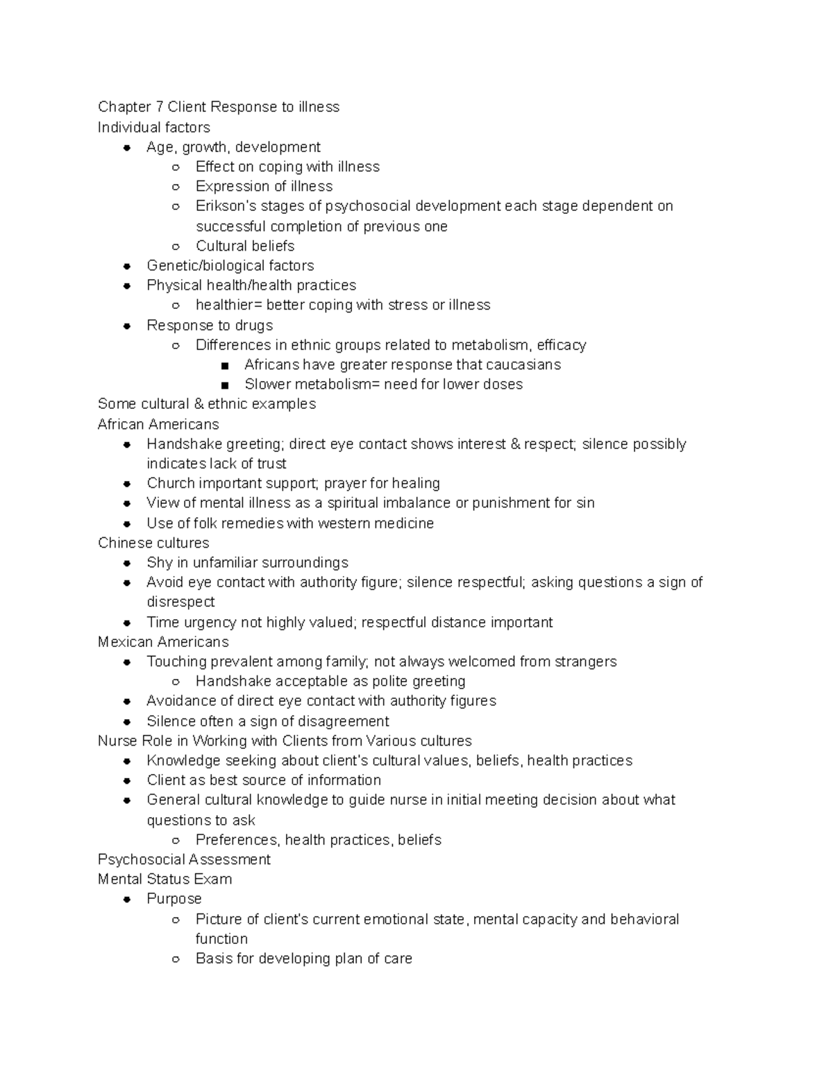 Mental Health Notes - Chapter 7 Client Response to illness Individual ...