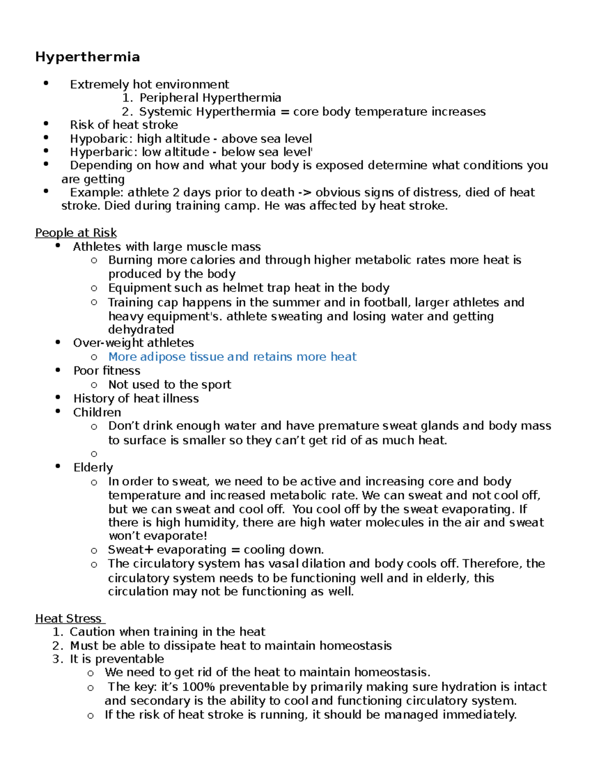 Midterm 2 Notes 2495 - Hyperthermia Extremely Hot Environment 1 ...