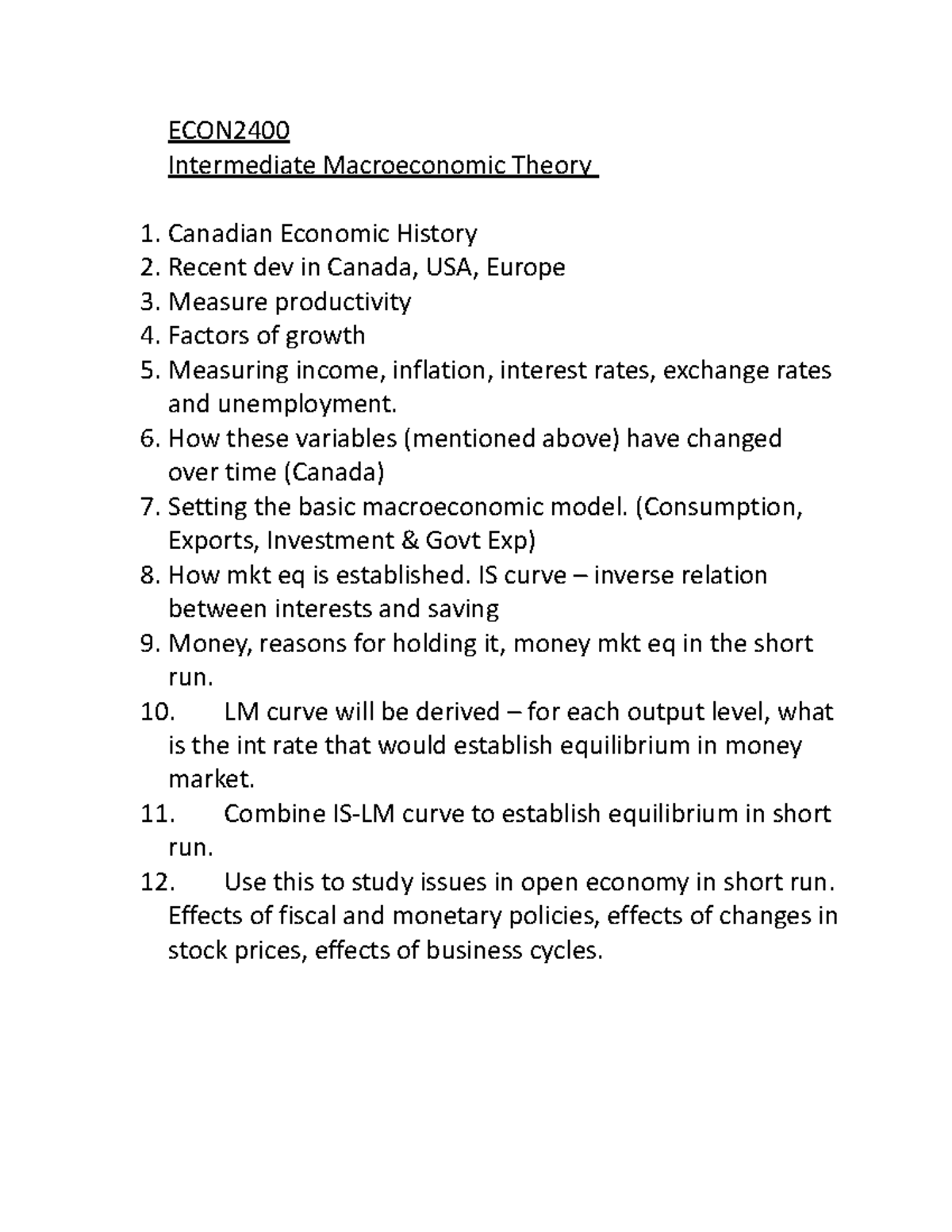 Class Note 1 - good - ECON Intermediate Macroeconomic Theory Canadian ...