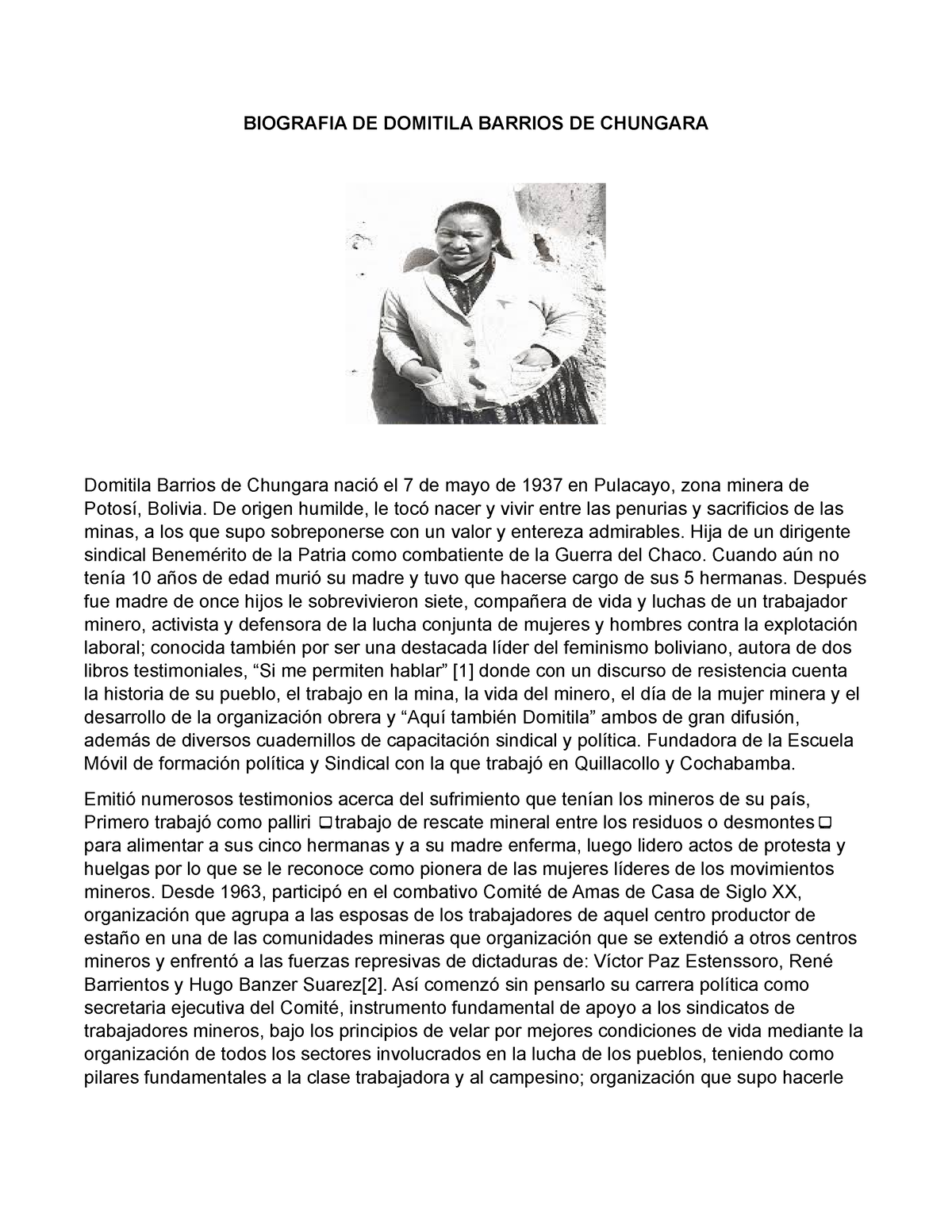 Biografia DE Domitila Barrios DE Chungara - BIOGRAFIA DE DOMITILA ...