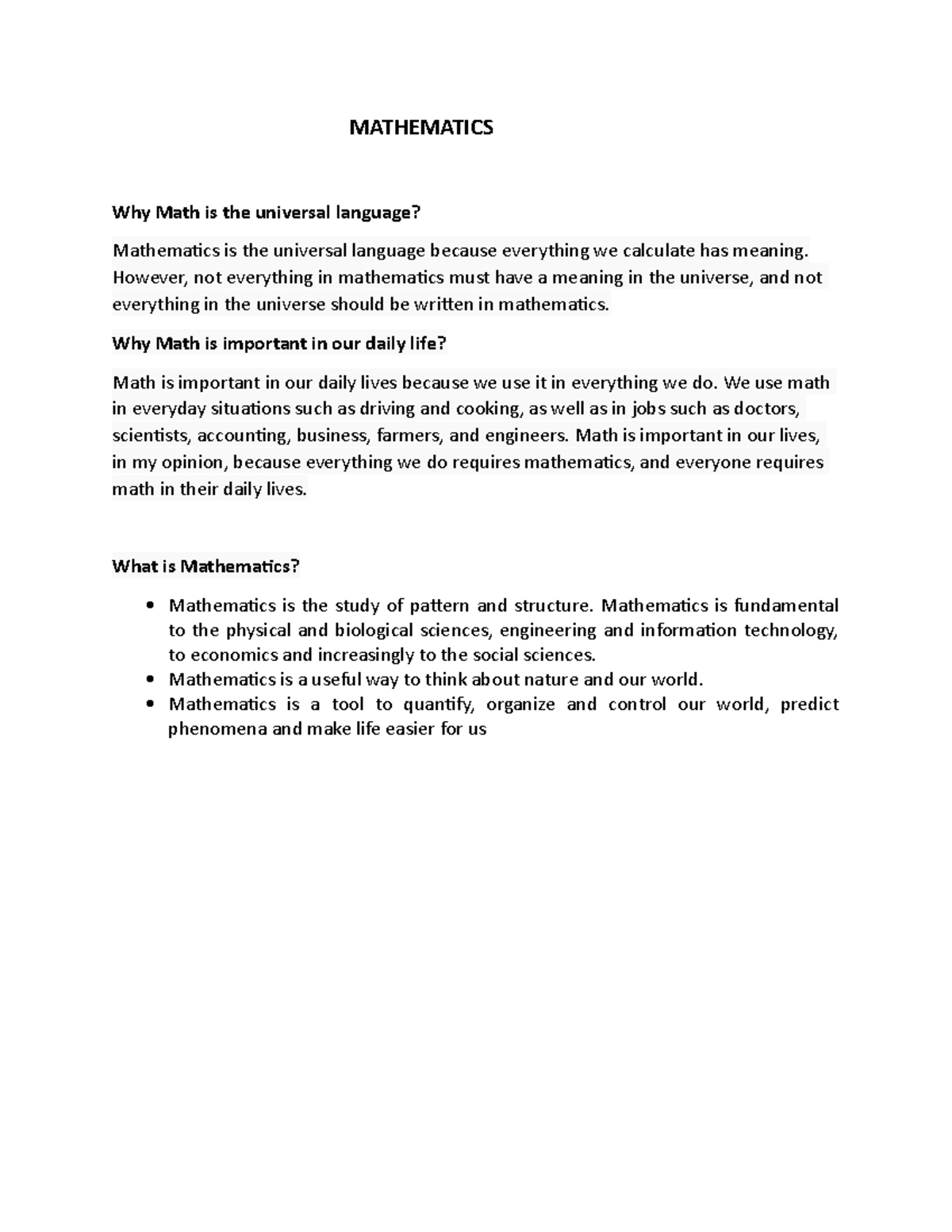 Mathematics Reviewer MATHEMATICS Why Math is the universal language