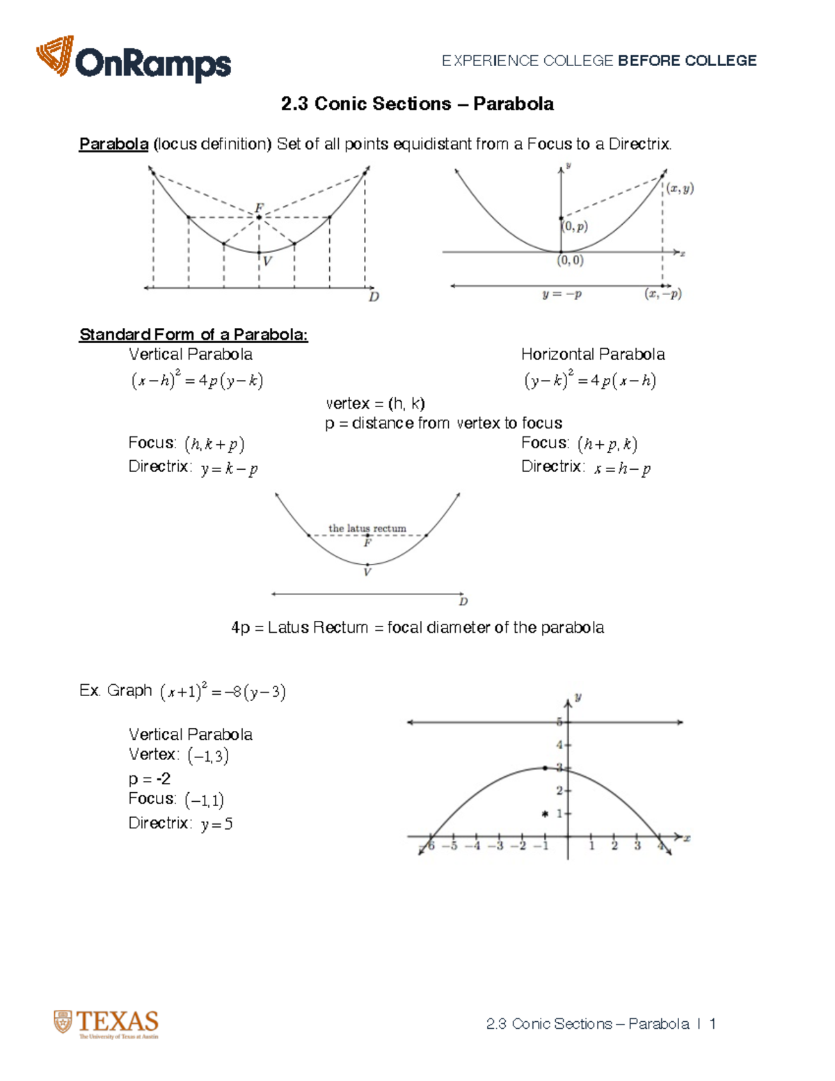 HW 2.3 Parabola and Notes 2 Conic Sections Parabola Parabola (locus