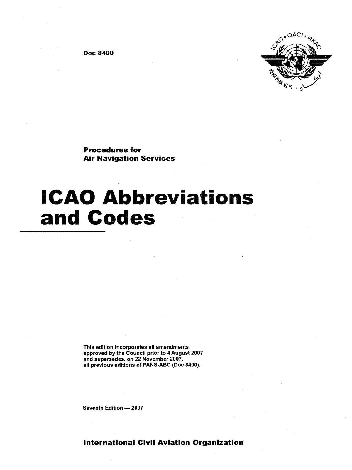 ICAO Abbreviations And Codes - 2007 - Doc 8400 Procedures For Air ...