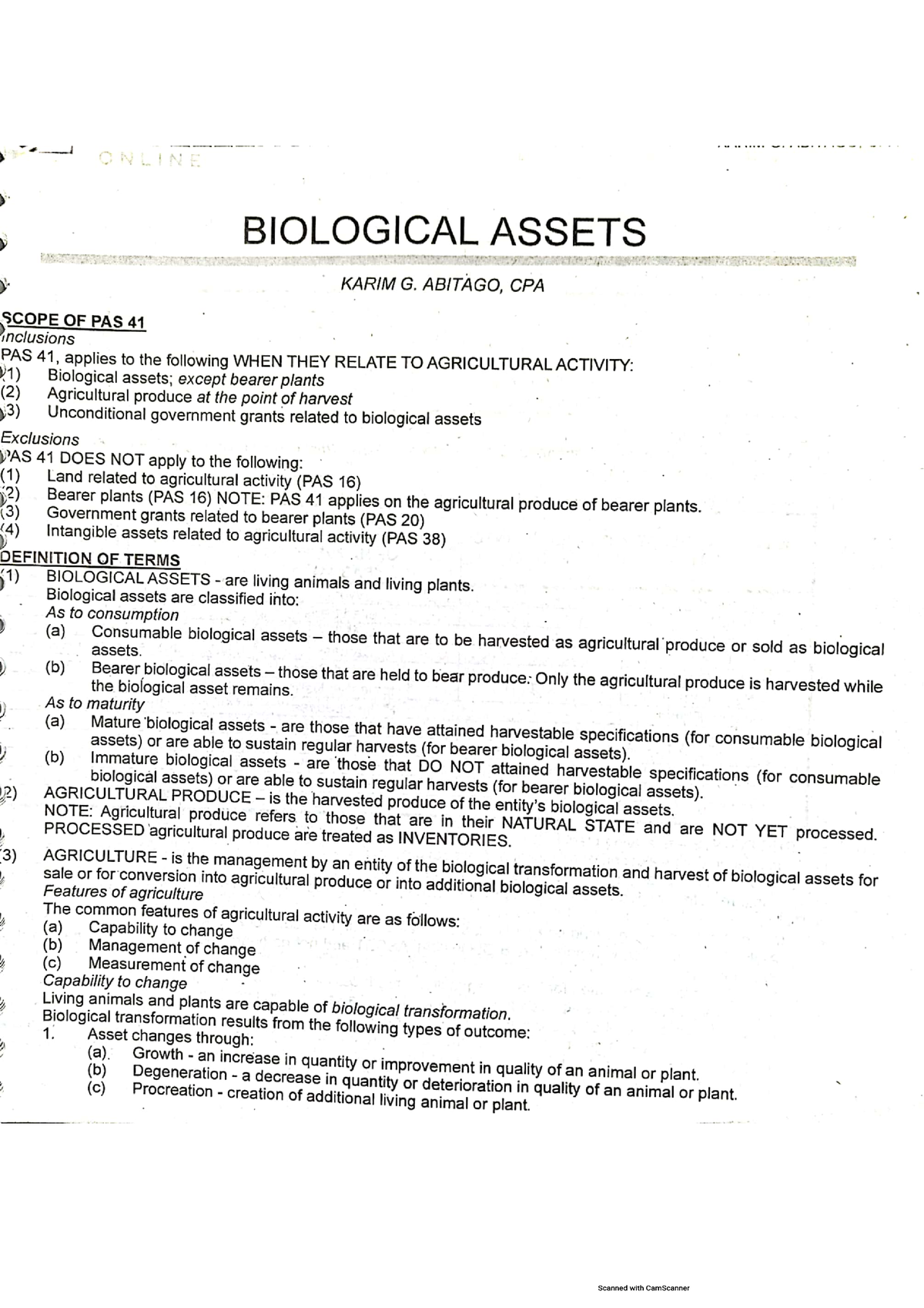 presentation of biological assets in the balance sheet