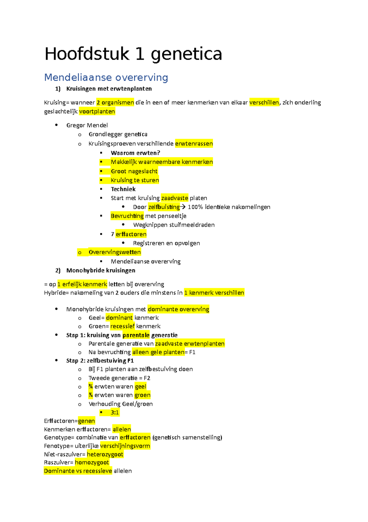 Biologie Hoofdstuk 1 Genetica - Hoofdstuk 1 Genetica Mendeliaanse ...