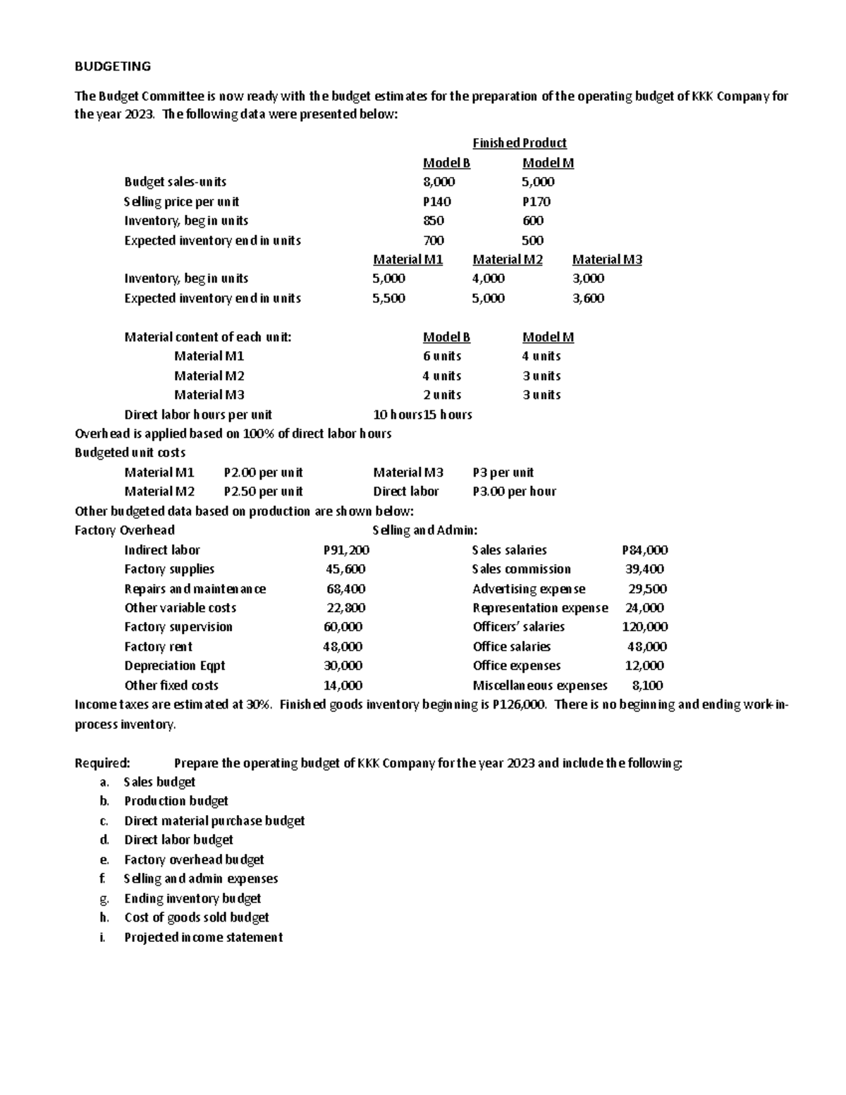 ActivityBudgeting Test Questions BUDGETING The Budget Committee is