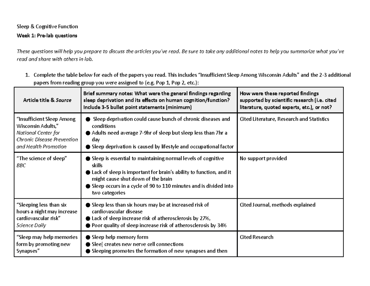 151 lab-Sleep week1 pre-lab - Sleep & Cognitive Function Week 1: Pre ...