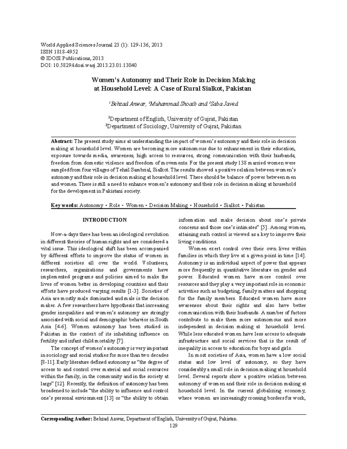 Women s Autonomy and Their Role in Decision Making - World Applied ...