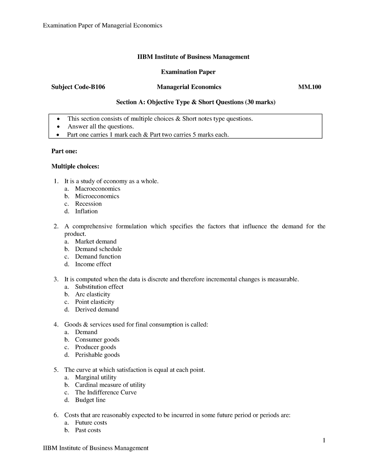 Examination Paper of Managerial Economic - 1 IIBM Institute of Business ...