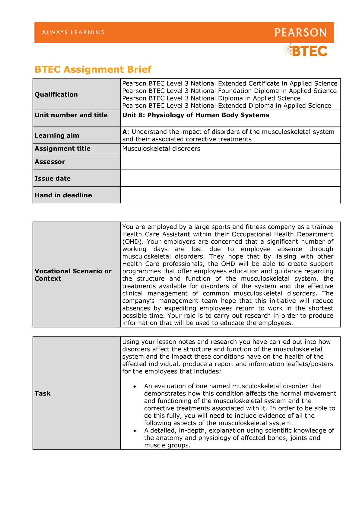 btec assignment brief template