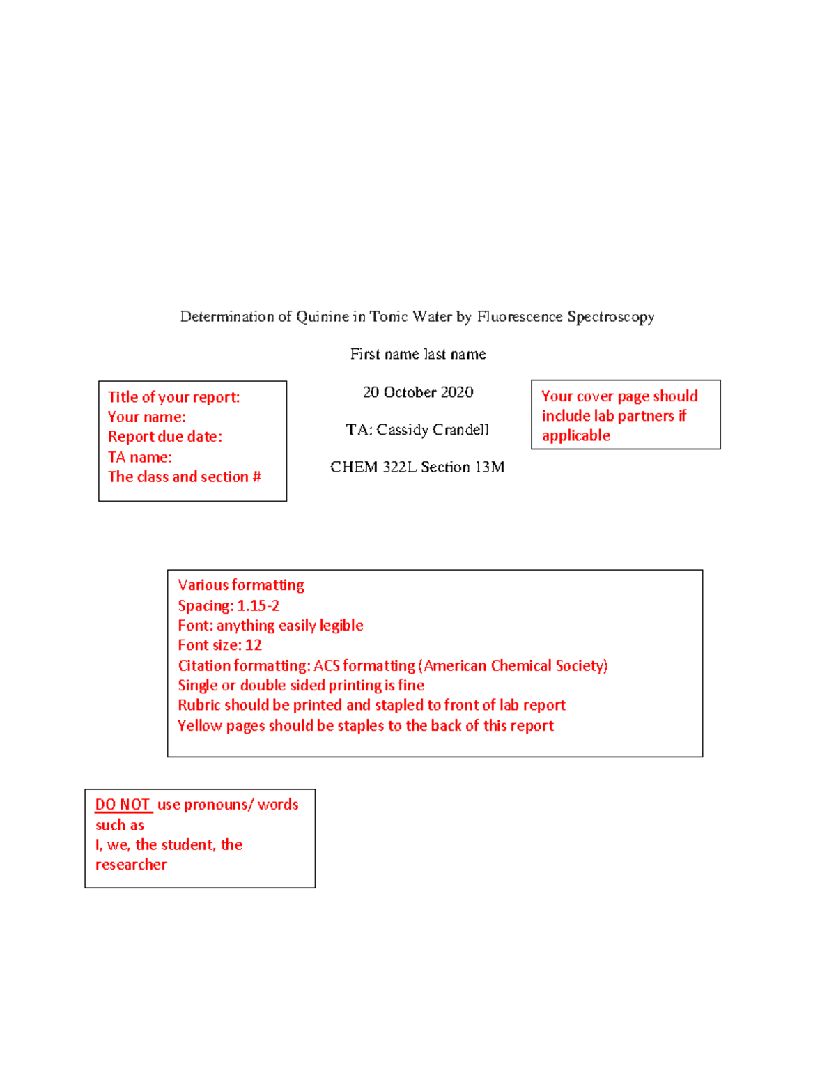 CHEM 332L example lab report Determination of Quinine in Tonic Water