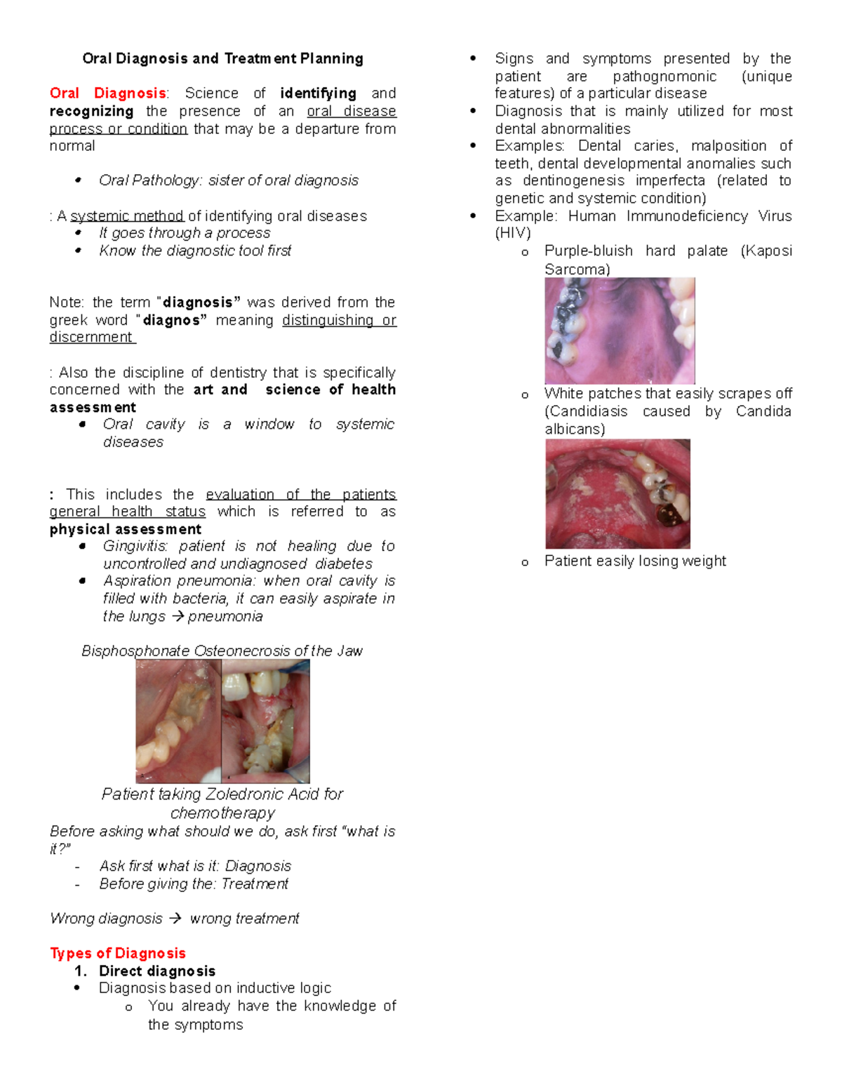 Oral Diagnosis and Treatment Planning - Direct diagnosis Diagnosis ...