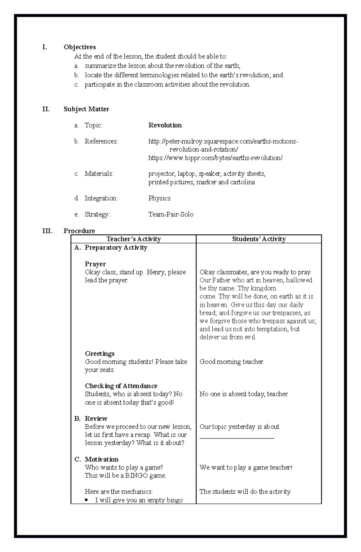 4. Earth's Revolution - Demo Teaching - I. Objectives At the end of the ...