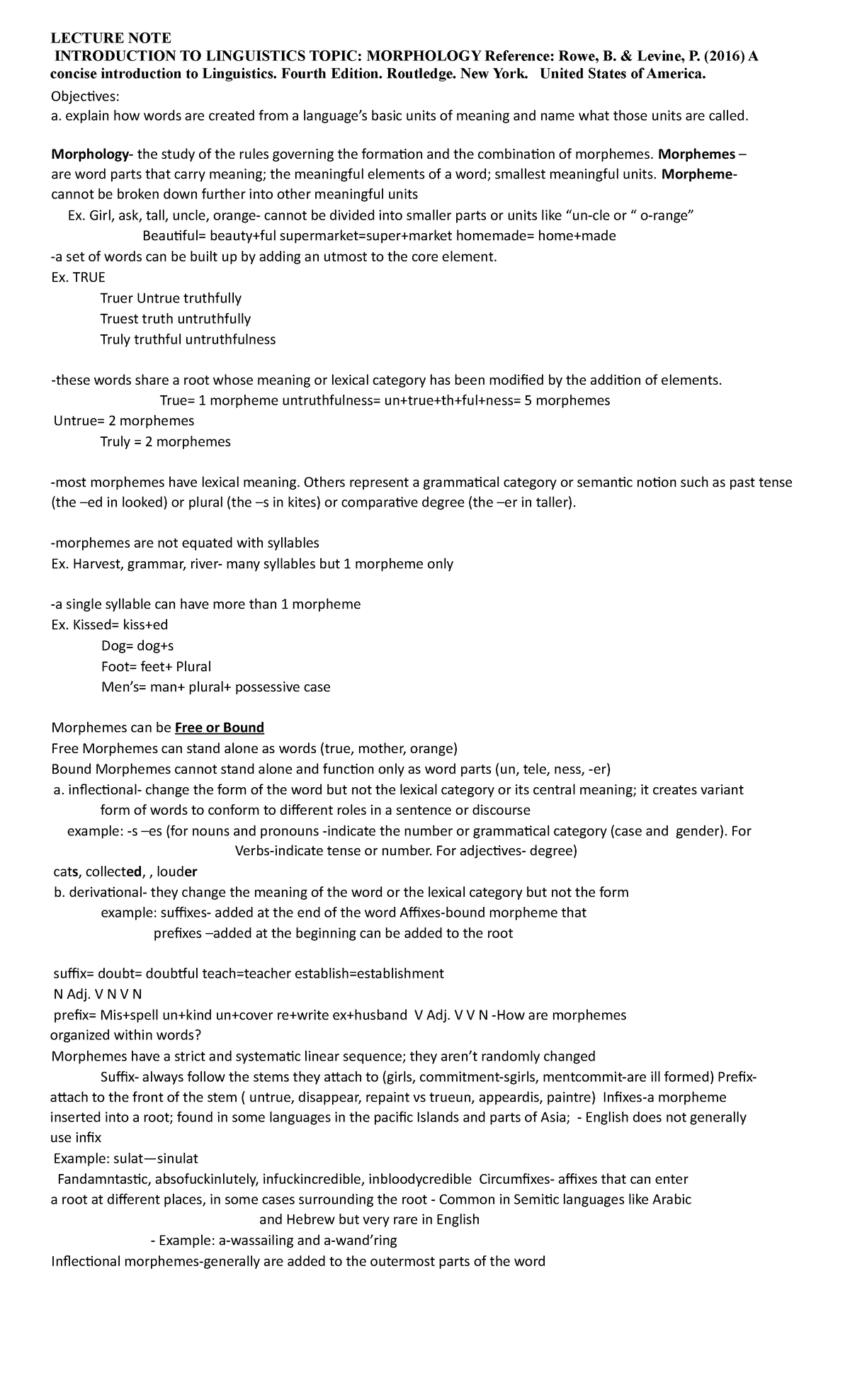 Lecture NOTE- Morphology - LECTURE NOTE INTRODUCTION TO LINGUISTICS ...