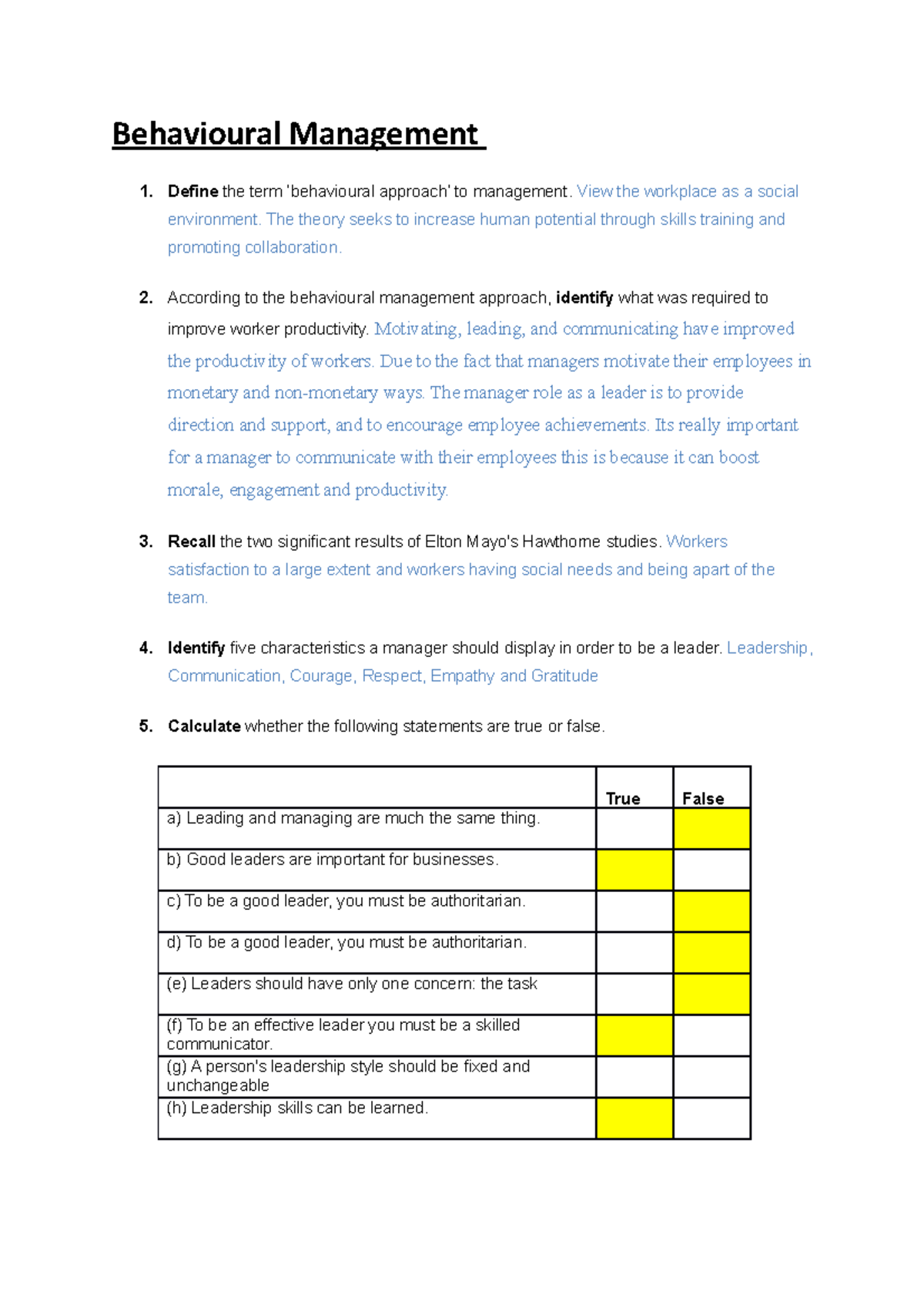 Behavioural Management Questions Behavioural Management Define the