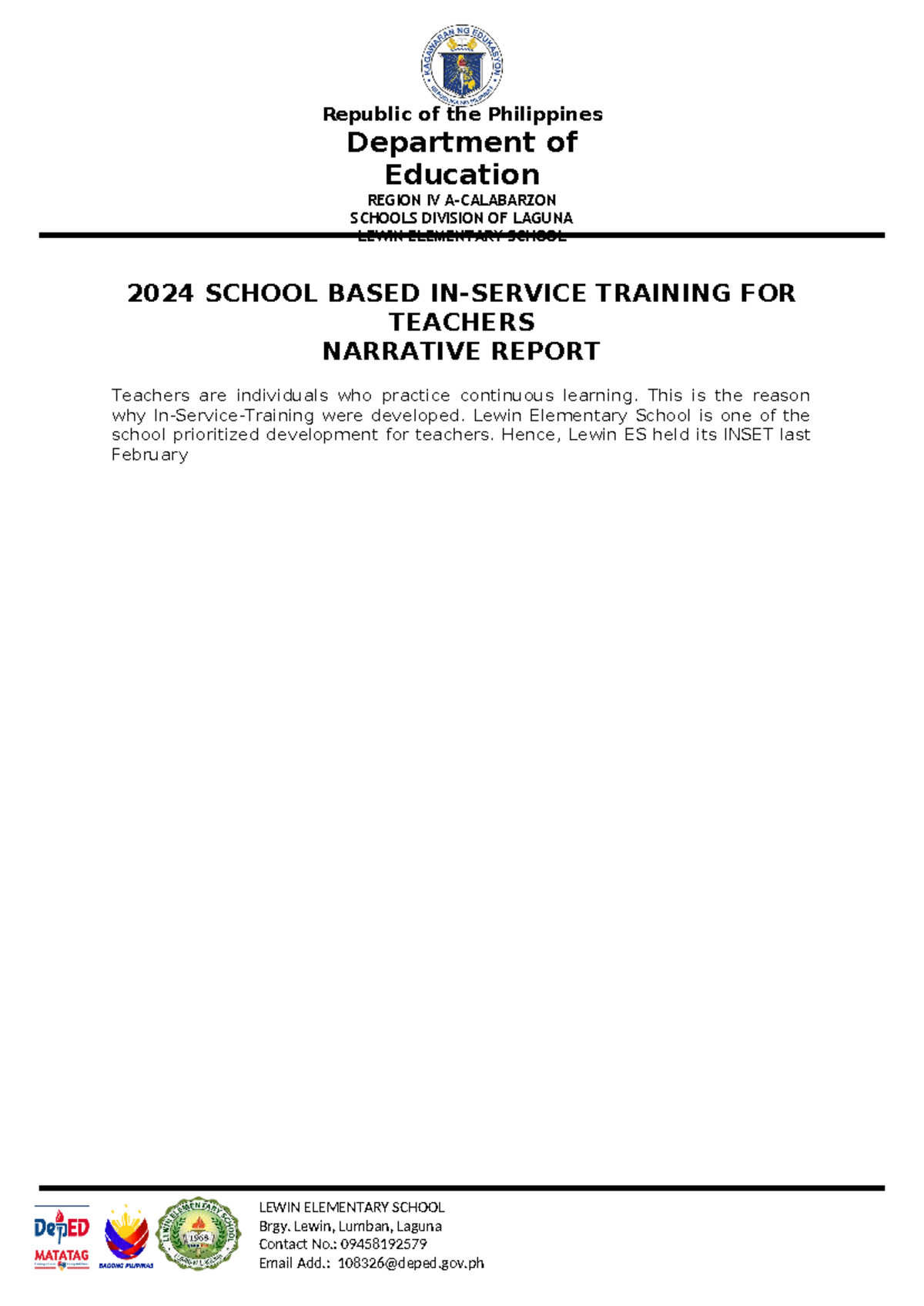 Narrative Report IN Inset 2024 - Republic of the Philippines Department ...