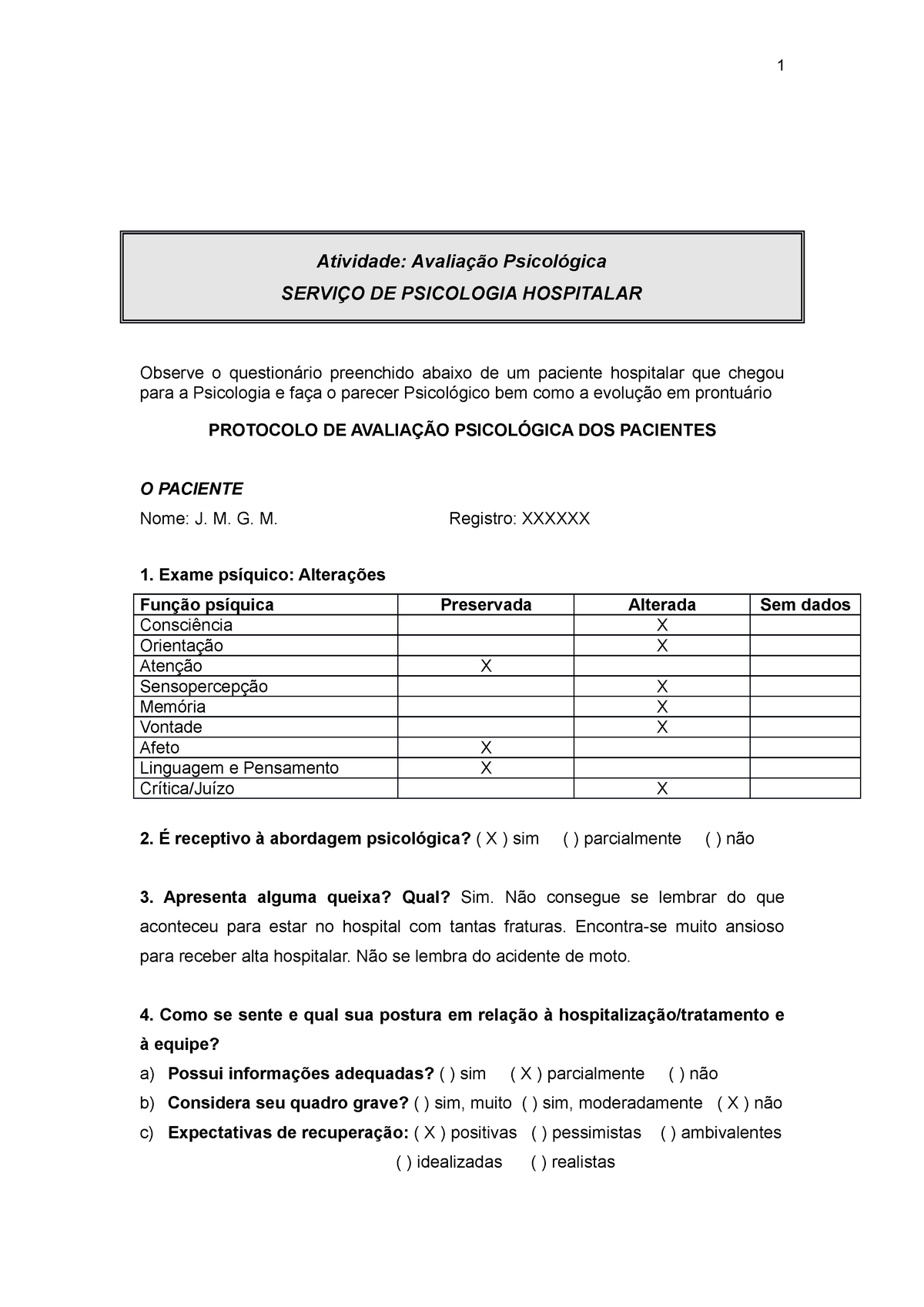 Prova Caso De Paciente Hospitalar Atividade Avaliação Psicológica ServiÇo De Psicologia 4802