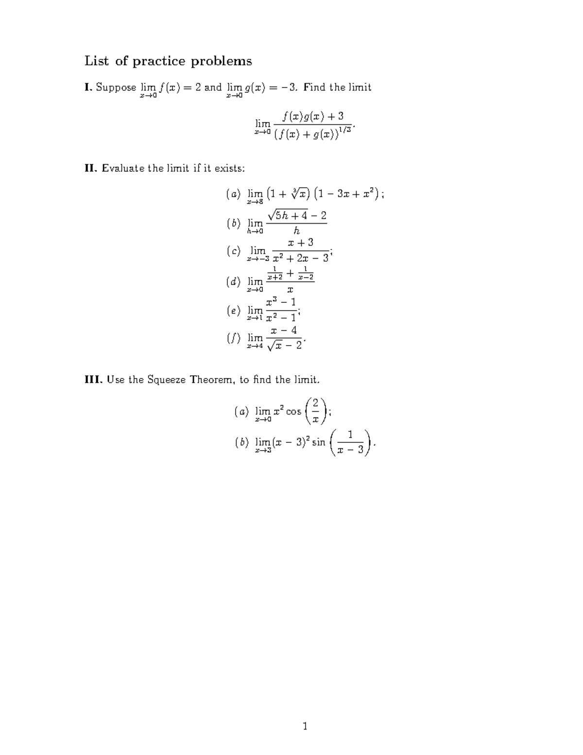 Practice problems Lecture 3 - List of practice problems I lim x→ 0 f(x ...