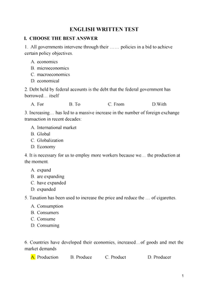 đề-2 - Đề thi thử 1 - I. CHOOSE THE BEST ANSWER Economics is the study ...