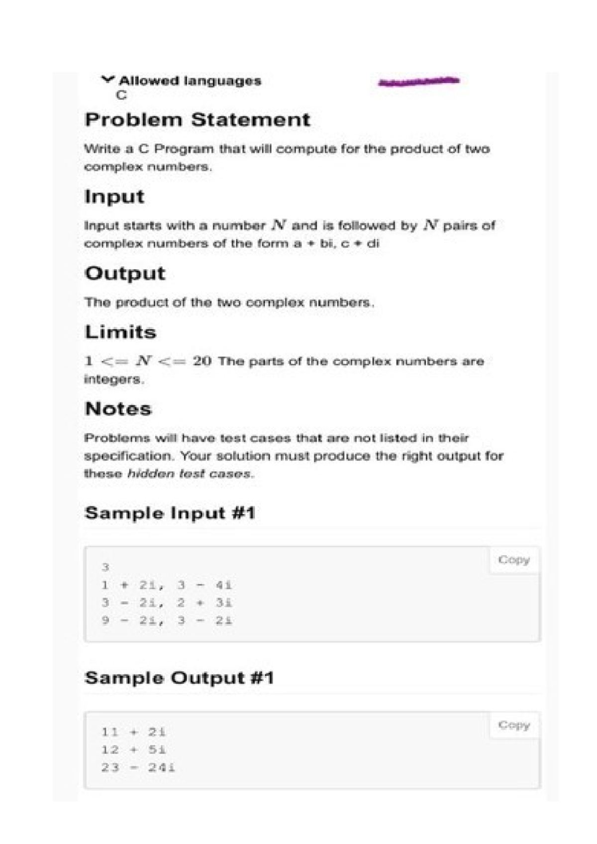Product of two complex numbers C++ - Input Input starts with a number N ... image.