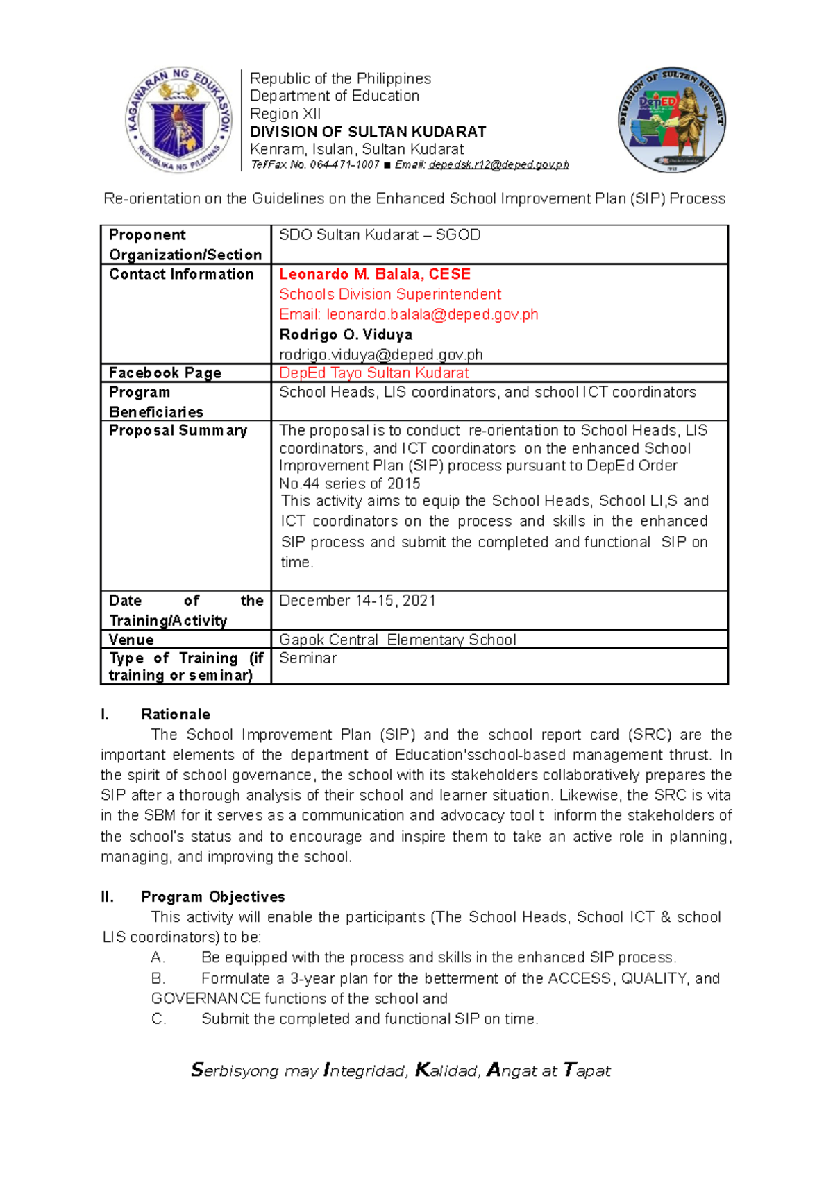 Training Design RE Orientation Enhanced SIP - Department of Education ...